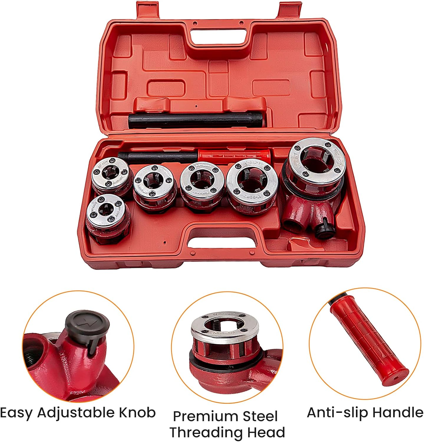 Maxpeedingrods BSPT Ratchet Pipe Threader Kit, Manual Ratcheting Pipe Threading Tool Set W/ 6 Dies 1/4", 3/8", 1/2", 3/4", 1", 1-1/4" for Metal and PVC Pipes