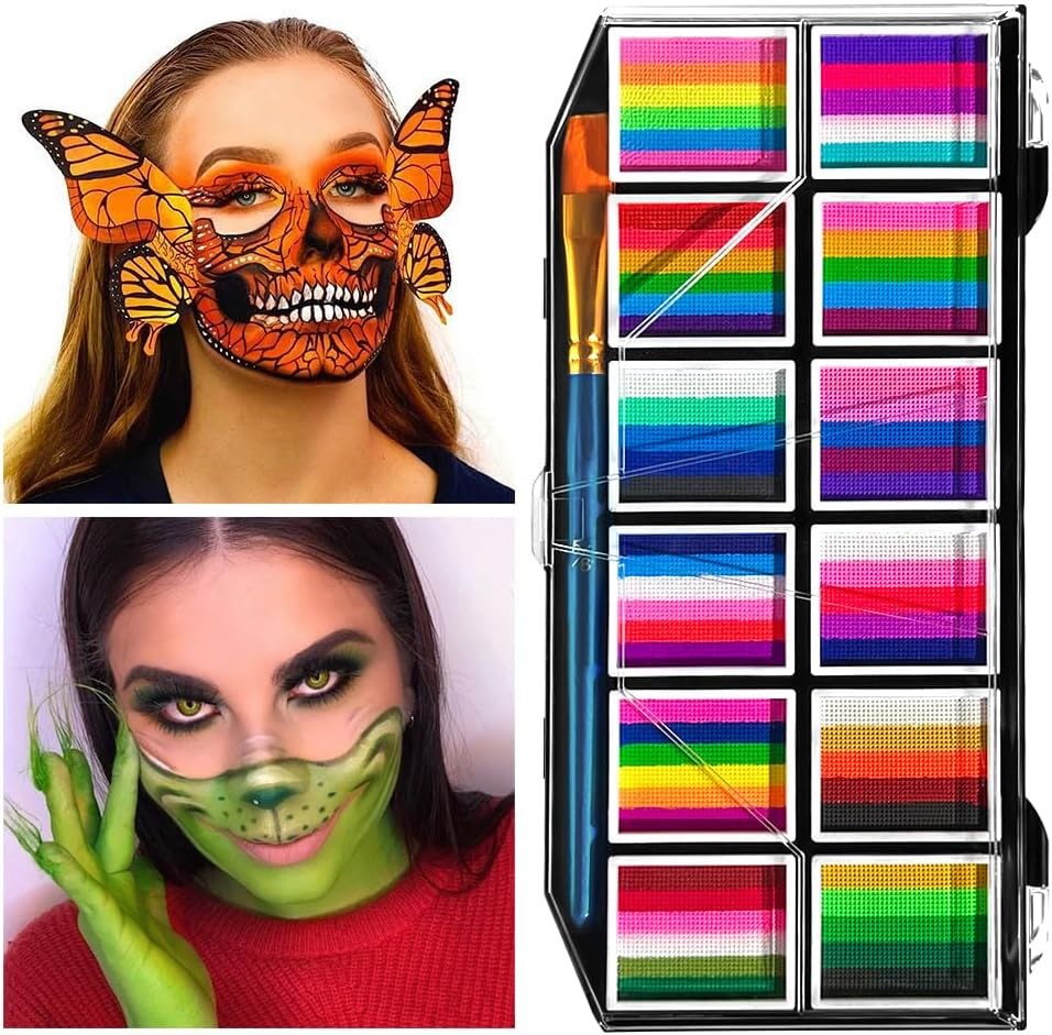12-Color Water-Based Face Body Paint Set with Brushes, Rainbow Professional Face Painting Kit Body Paint Palette with 1 Painting Brushes, Halloween Makeup Washable Face Paint image number 5