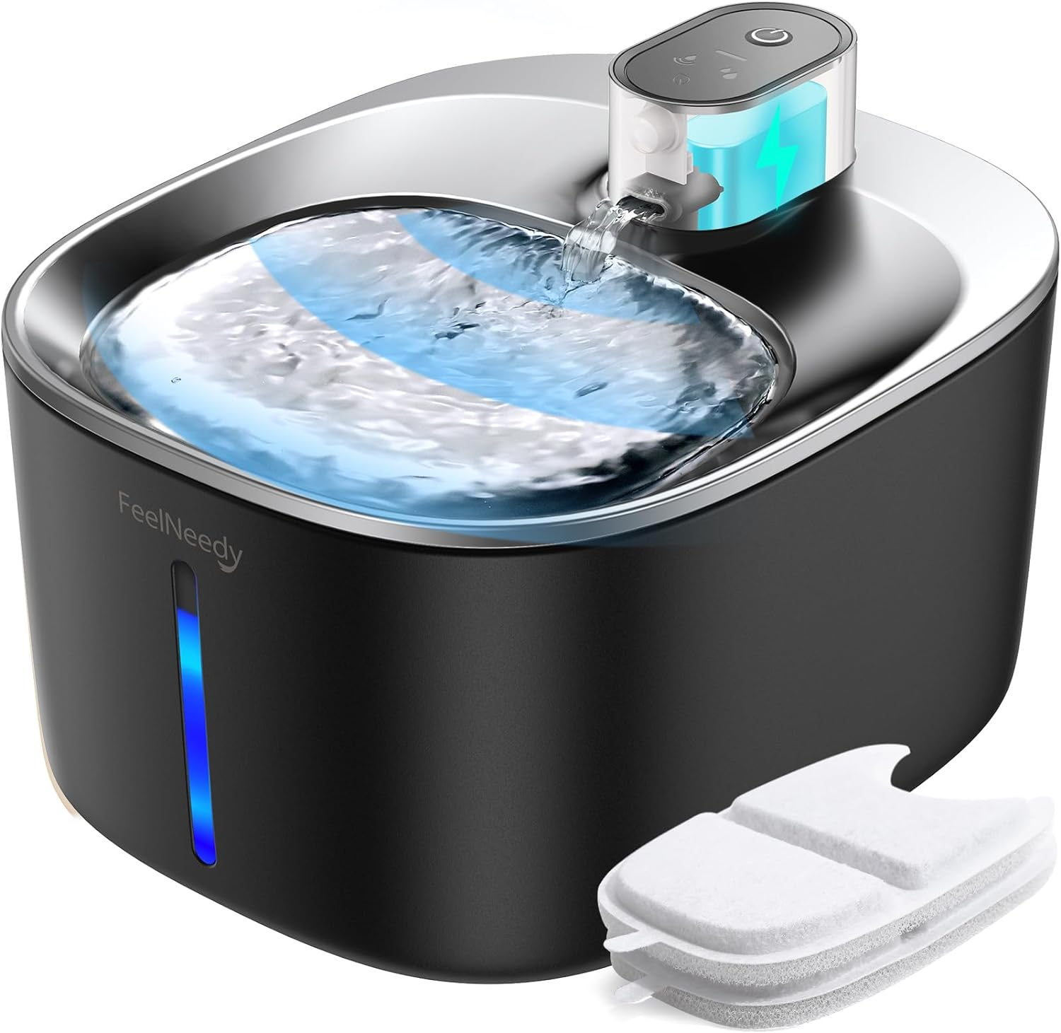 FEELNEEDY 4L Drinking Fountain for Cats Wireless with Sensor Wireless Cat Fountain Stainless Steel with Motion Sensor without Power and Battery 4000 Mah, 3 Modes, Quiet Pump and 2 Filters, Black image number 4