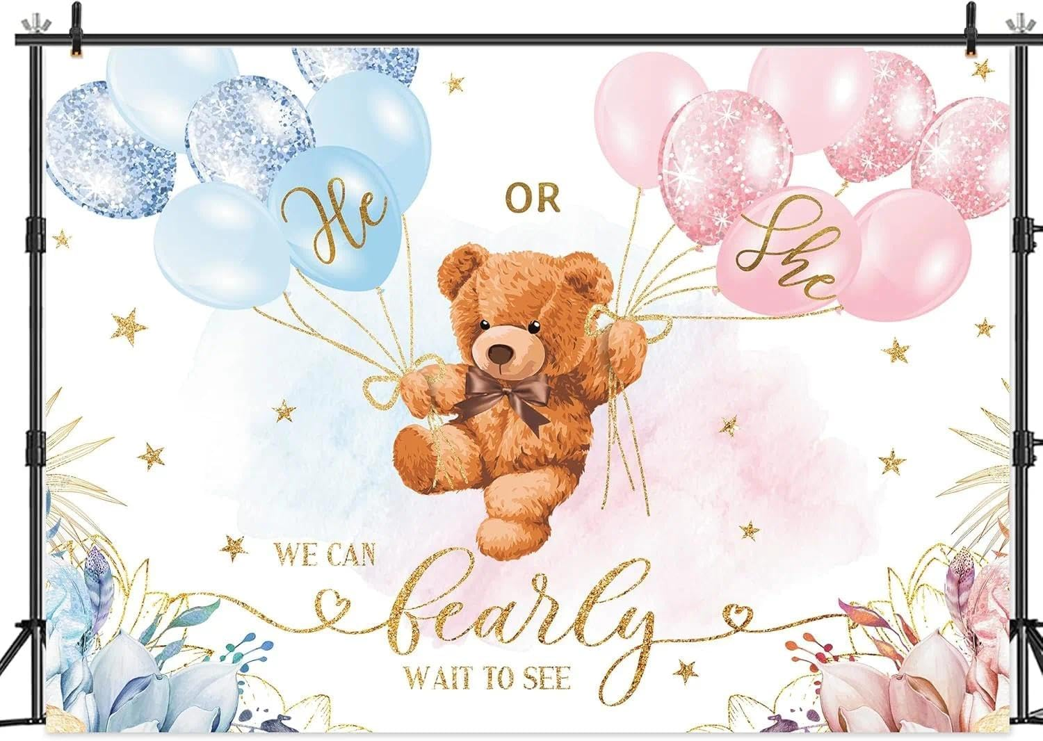 Bear Gender Reveal Backdrop Decorations for Baby Shower Party Photography Background with Floral Pattern and Gold Foil Confetti - Auroly image number 5