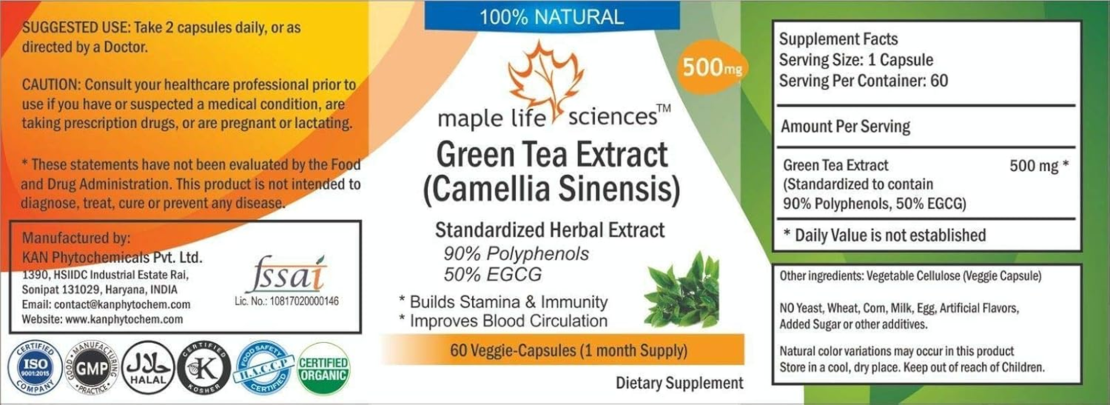 Green Tea Extract - 60 Vegan Capsules (Camellia Sinensis) - 500Mg