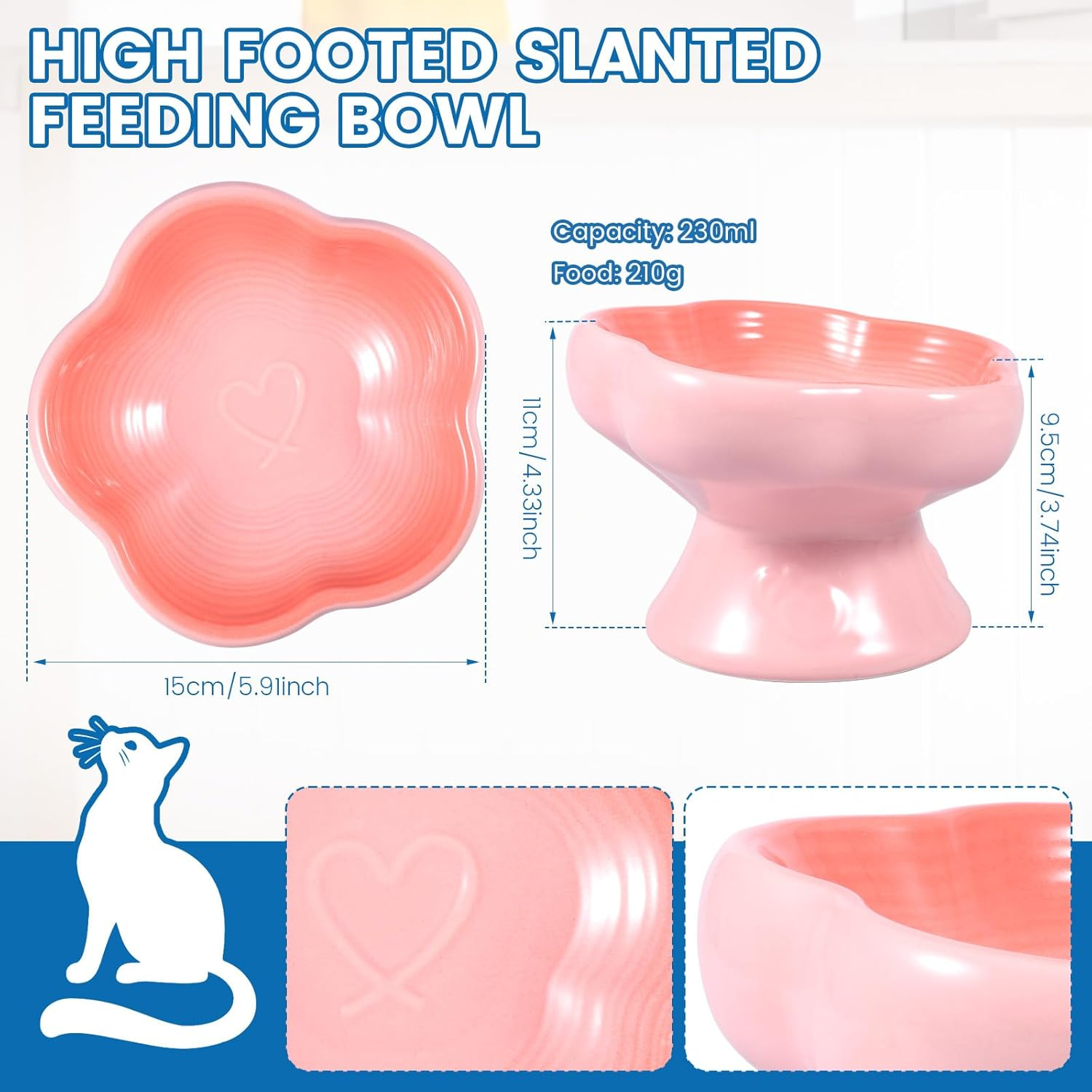 Ceramic Raised Cat Bowl-230 Ml 15&deg; Tilted Elevated Dog Feeder Bowl Pet Food Water Feeder Dish Dishwasher Safe for Pet Dog Cat(Pink,1) - Green image number 7