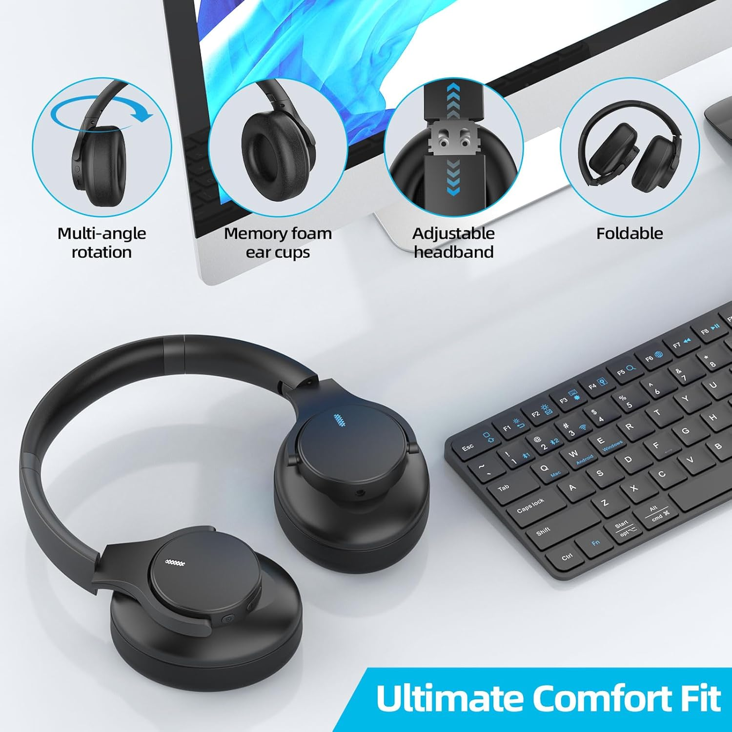 Elzle Bluetooth Headphones over Ear, 82 Hours Playtime, Bluetooth 5.4 Caution Foldable Headphones with Built-In Microphone, Wired/Wireless Foldable Headphones, for Travel/Study/Office - Black image number 4