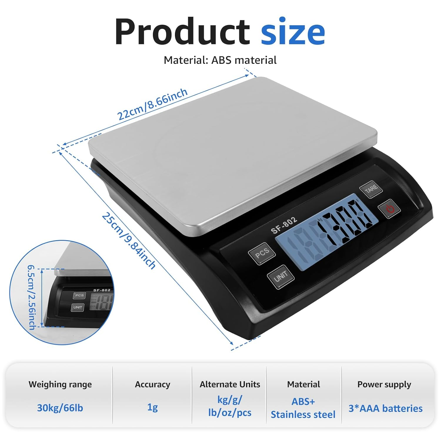 30Kg/66Lb Digital Food Scale Multifunctional Digital Kitchen Scale with LCD Display and Stainless Steel Cover for Baking Cooking Counting(Black-1-25 Cm-Weighing: 30Kg) image number 2