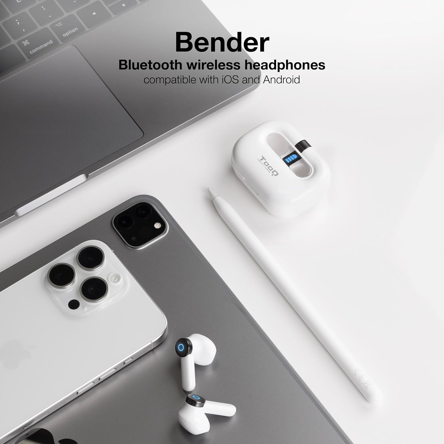 TOOQ TQBWH-0031W - Bender Wireless Bluetooth Headphones with Microphone with Charging Case, Wireless Headphones for Iphone/Ios/Android, White image number 3