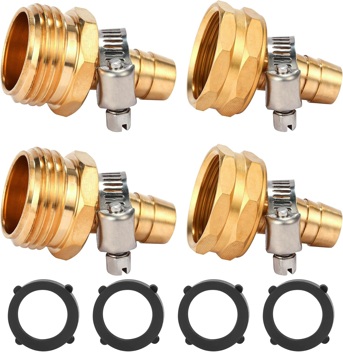Brass Garden Hose Connector Repair Mender Kit with Stainless Clamp,Fits 1/2" Water Hose Fitting,2 Sets(1/2" Barb X 3/4" GHT)
