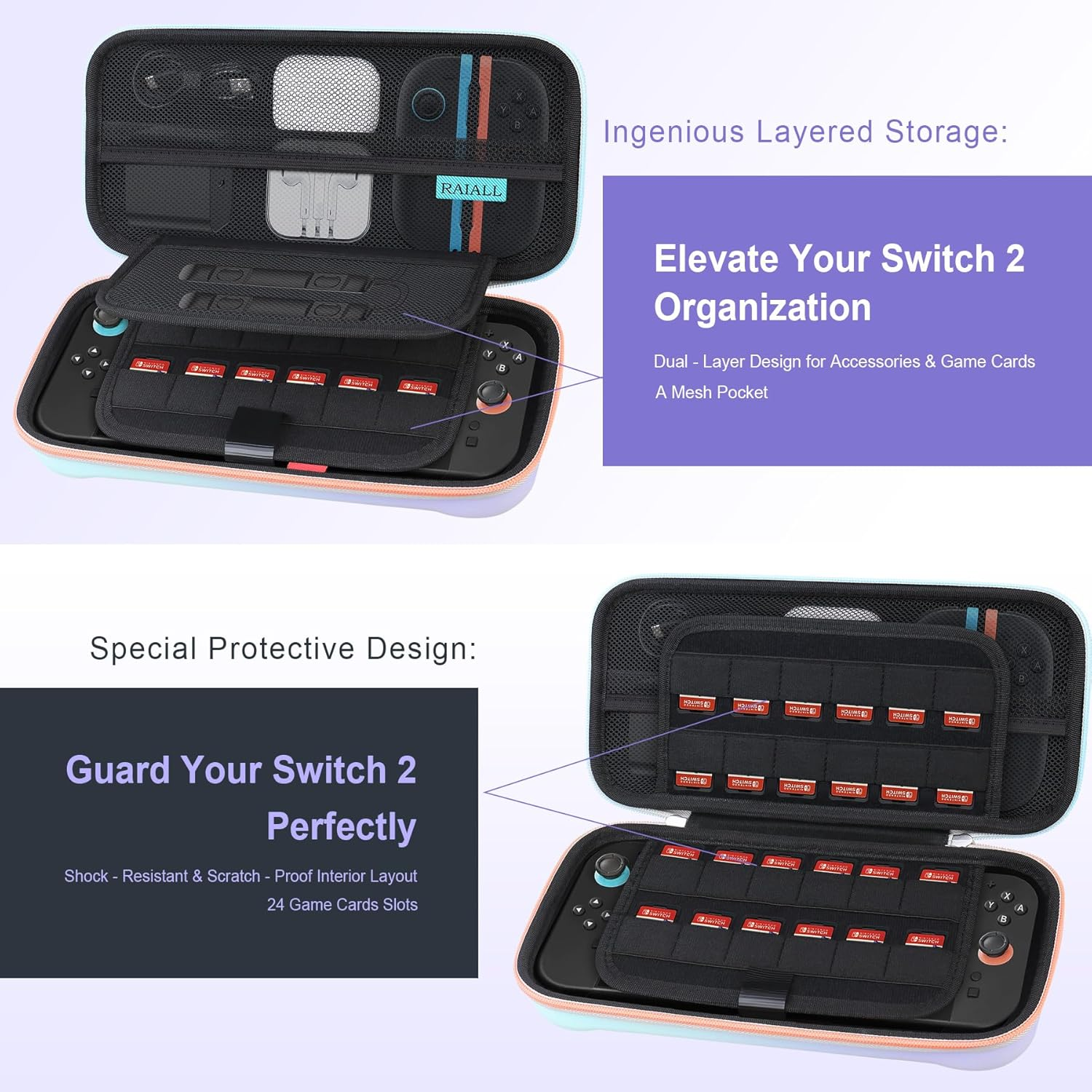 RAIALL Carrying Case for Nintendo Switch 2 (2025), Large Capacity Protective Hard Shell Portable Travel Case Pouch, with 24 Game Card Slots and Pockets for Console &Accessories, Purple-Blue-Gradient