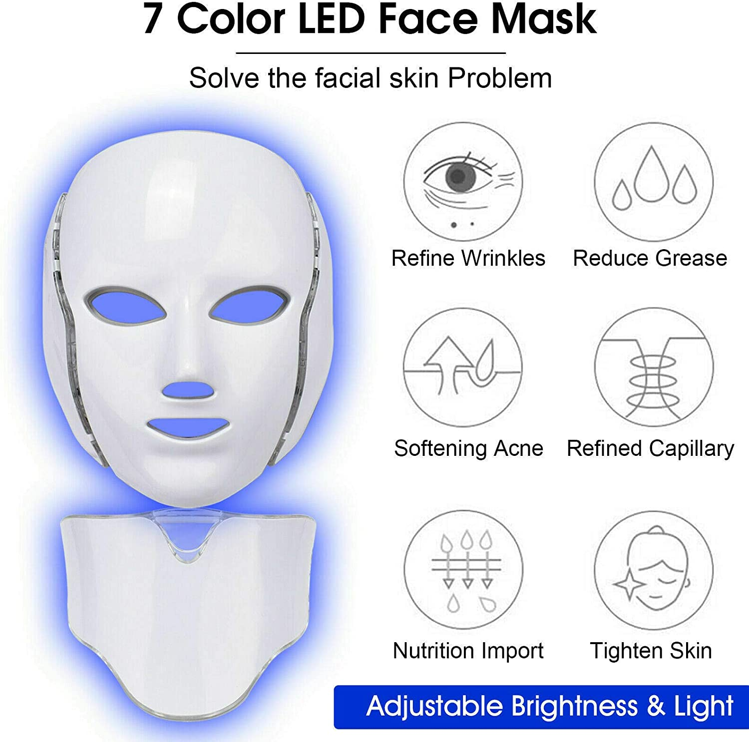 Led Face Mask with Neck - 7 Color Photon Blue Red Light Maintenance Skin Rejuvenation Facial Skin Care Mask Maintenance for Healthy Skin Rejuvenation | Home Light Maintenance Facial Care Mask image number 6