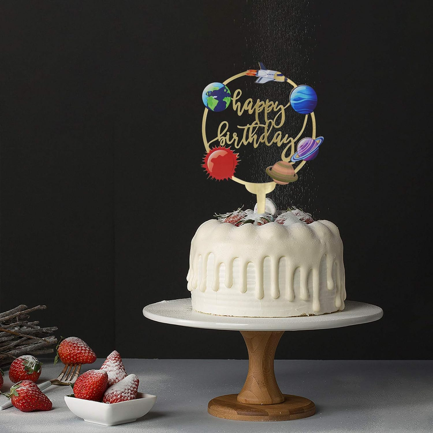 Happy Birthday Acrylic Cake Toppers for Outer Space Theme Birthday Party Decorations, Rocket Galaxy Planet Cake Toppers for Kids (Gold) image number 4