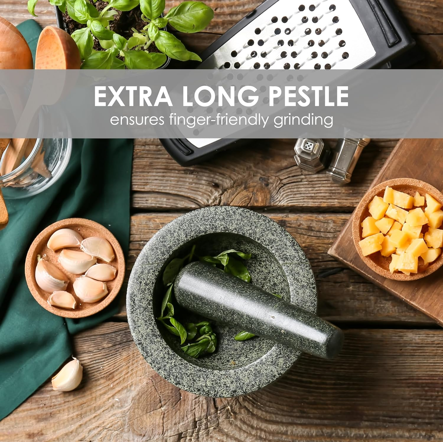 KYONANO Mortar and Pestle Set with Acacia Wood Base, 5.5-Inch Guacamole Bowl, 100% Natural Granite, Stone Grinder for Spices, Extra Large Pestle Heavy & Durable, Molcajete Bowl, 2 Cup Capacity image number 6