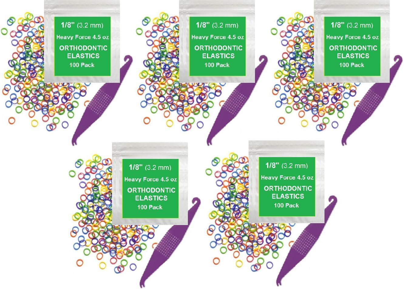 Orthodontic Elastic Rubber Bands 1/8 Inch - 100 Pack, Neon, Heavy Force 4.5 Oz - Dental Gap Fixer, Dreadlock Bands, 1 Elastic Placer Included