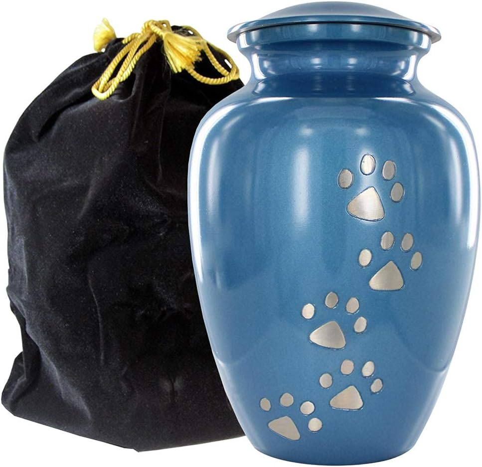 Always Faithful Small Gold Pet Urns for Dogs Ashes and Cats Too - Find Peace and Comfort with This Quality Dog or Cat Pet Urn - 4 Inches Tall Holds Remains up to 17 Lbs - with Velvet Bag