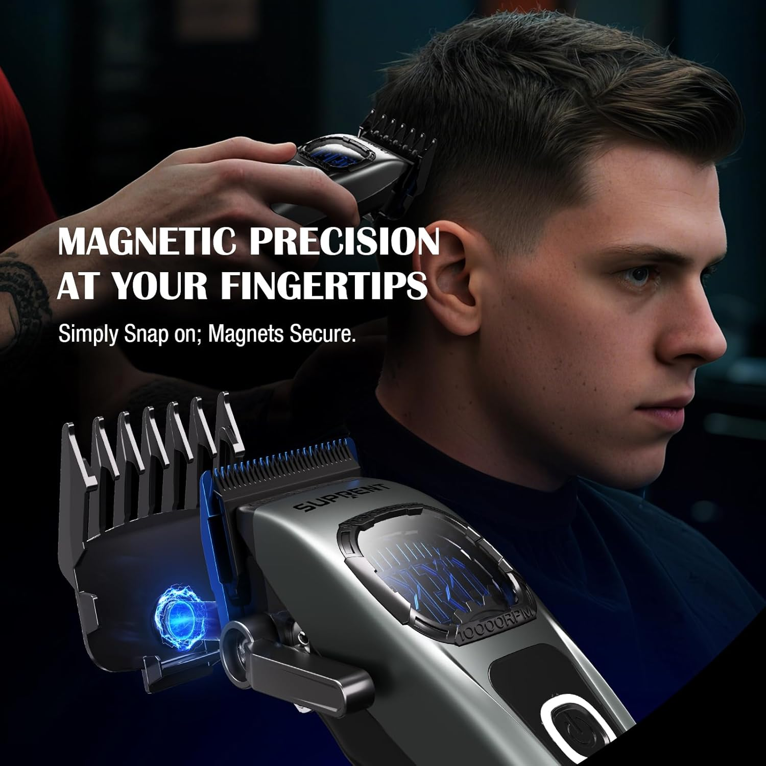 SUPRENT Professional Hair Clippers for Men - Barber Clippers & Zero-Gapped Trimmer Combo with Charging Stand, 10000 RPM Motor Speed Hair Cutting Kit, Blue Titanium-Coated Blades (Gray) image number 1