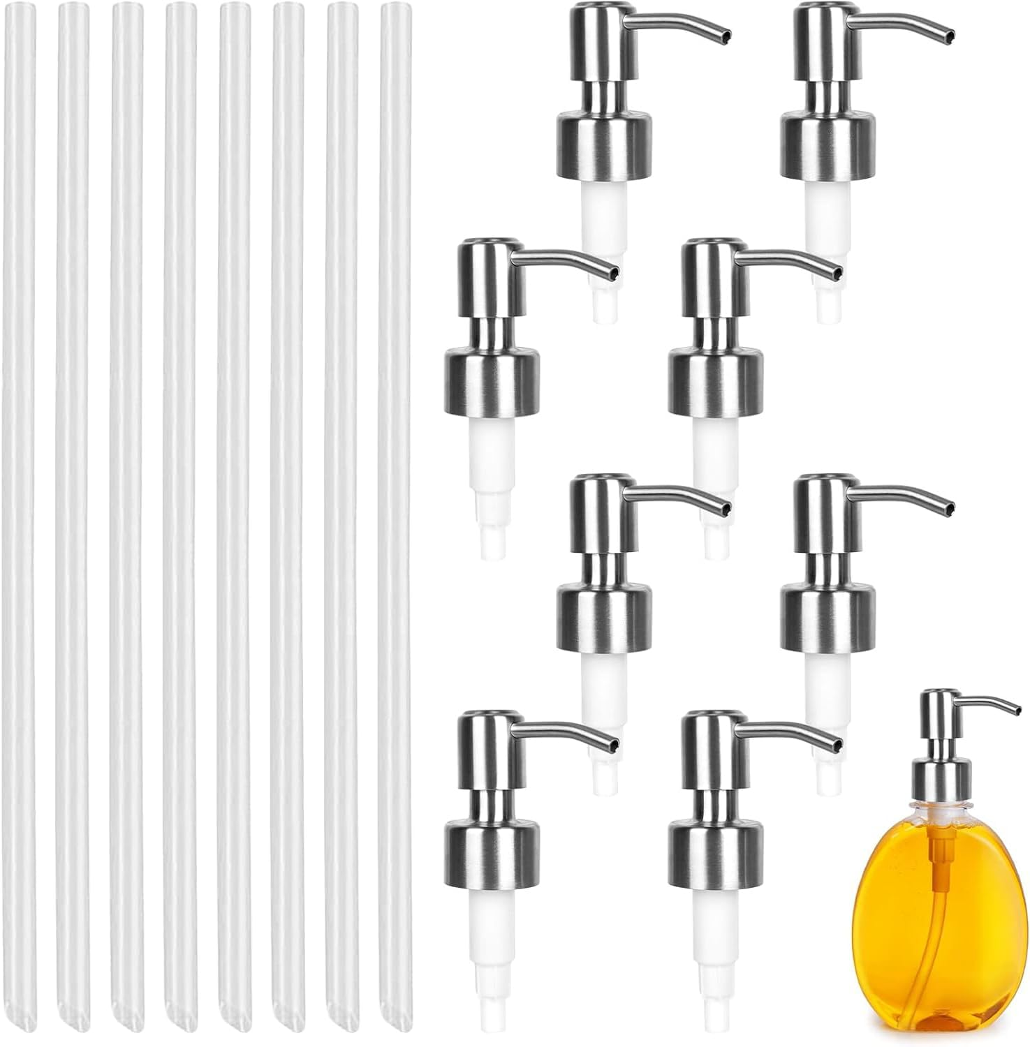 MLUOTALY 8Pcs Soap Dispenser Pump Head, Stainless Steel Soap Dispenser Pump Head with Hoses for 26-28 Mm Thread Bottle Soap Dispenser, Replacement Pump for Kitchen Bathroom, Silver image number 6