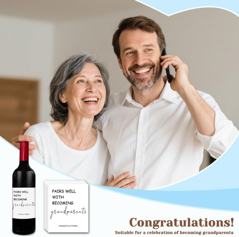 New Grandparent Wine Labels Pregnancy Announcement Gifts for Grandparents Baby Announcement Gifts for Grandma Grandpa Pairs Well with Becoming Grandparents Wine Bottle Stickers(Set of 4) image number 4