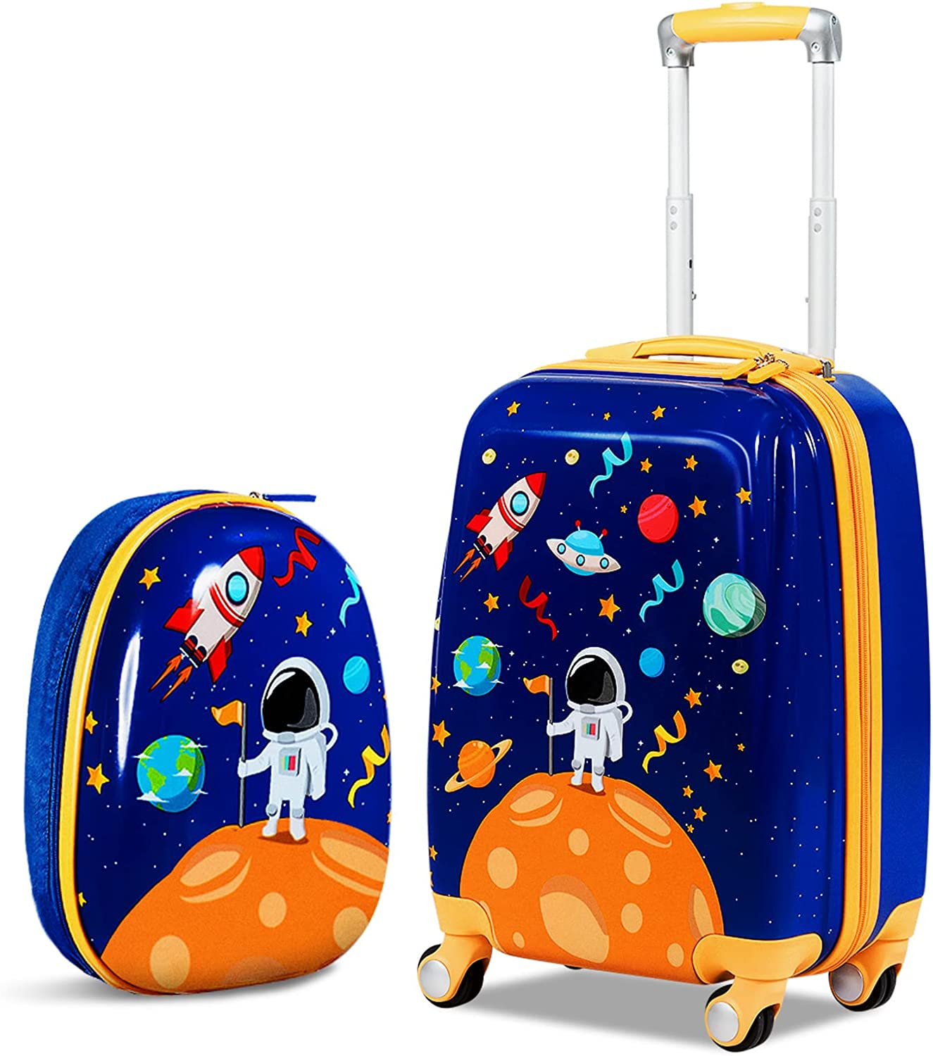 Costway 2PCS Kids Luggage Set, 13" & 18" Carry on Suitcase Set W/Spinner Wheels & Cute Mermaid Pattern, Adjustable Trolley Rod Height & Backpack Shoulder Strap (Astronaut) image number 7