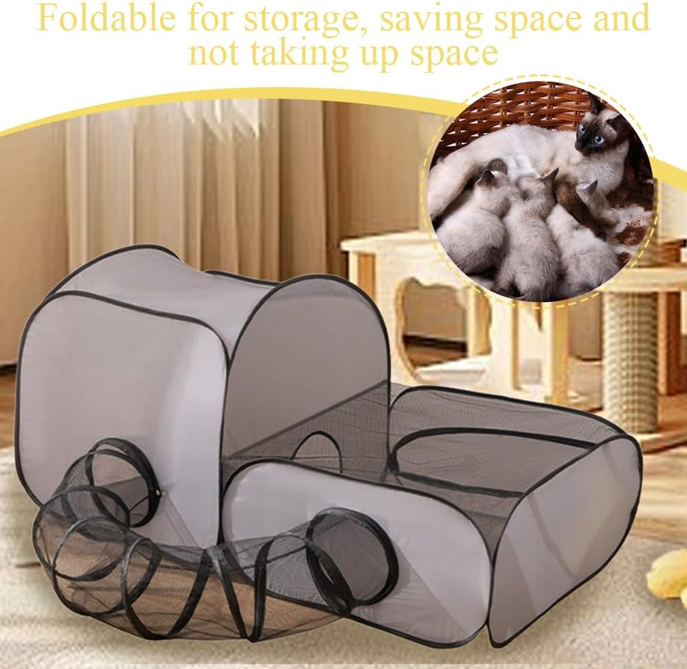 Pet Playpen,Cat Playpen,Cat Enclosure Tent,With Surround Tunnel,For Small Animals,Portable Tent,With Breathable Soft Sides,Outdoor or Indoor,Easy to Store (Grey)