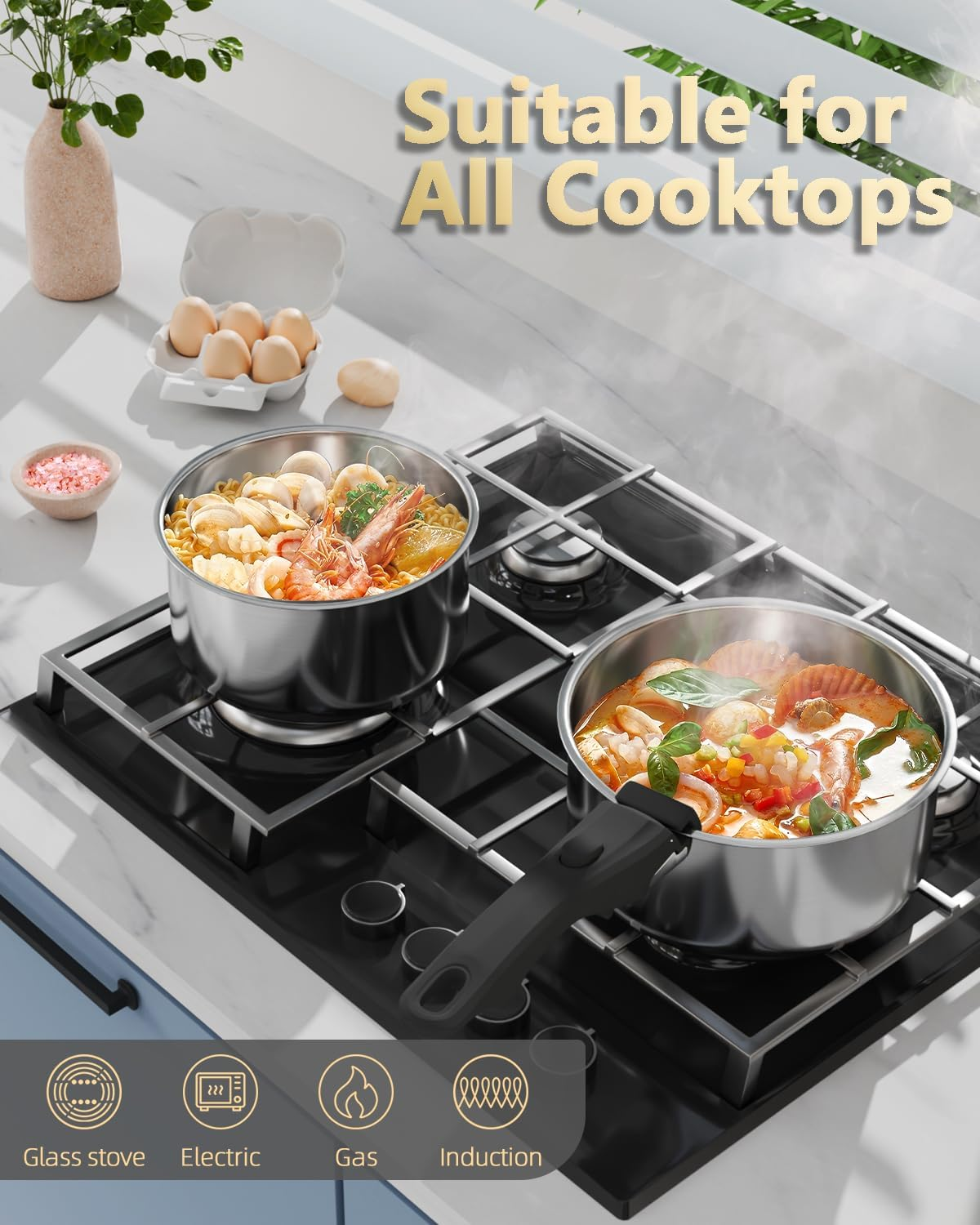 Stainless Steel Cookware Set,4-Pcs Kitchen Cookware Sets with Removable Handle,Stainless Steel Saucepan Set with 18Cm and 20Cm Pots and Multi-Purpose Silicone Lid &ndash; All Stovetop Compatible image number 4