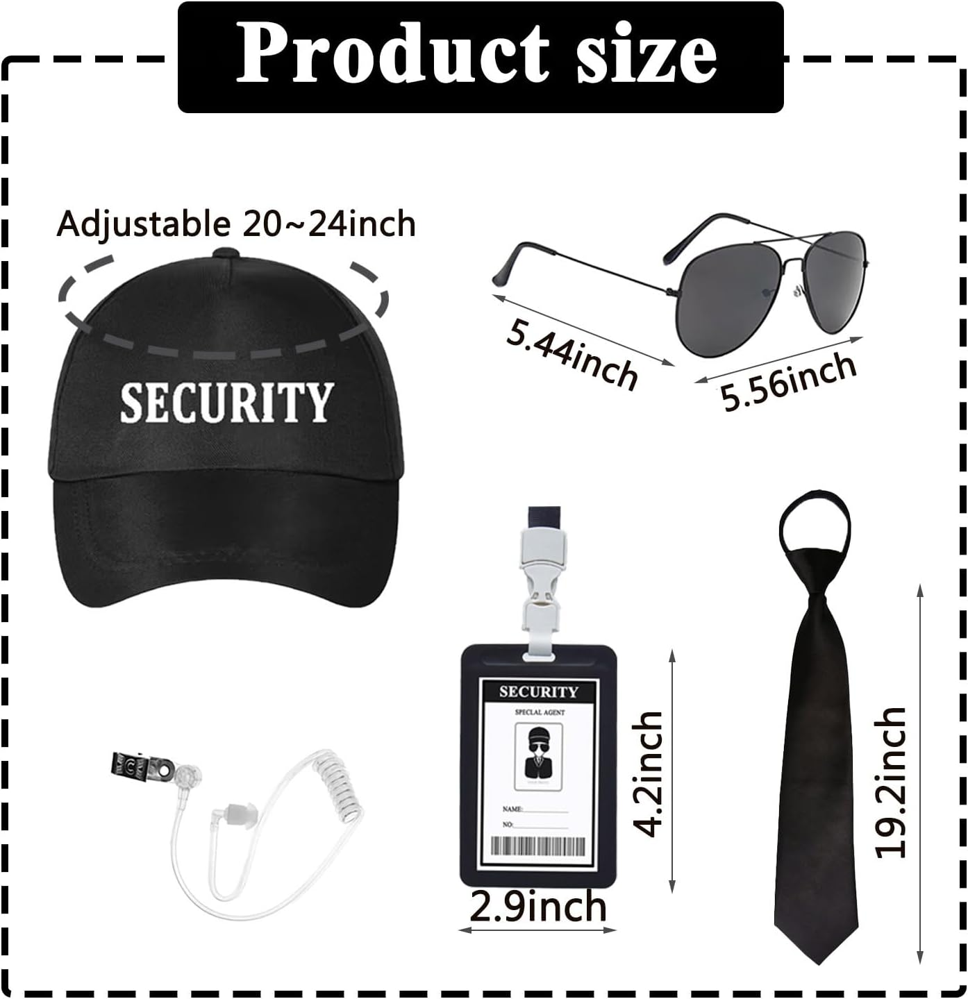 5Pcs Agent Costume Set Secret Security Service Outfit Accessory Kit Includes Adjustable Hat Pretied Zipper Tie Black Sunglasses Earpiece and ID Card for Teens Adults Cosplay Game Halloween Party Gear
