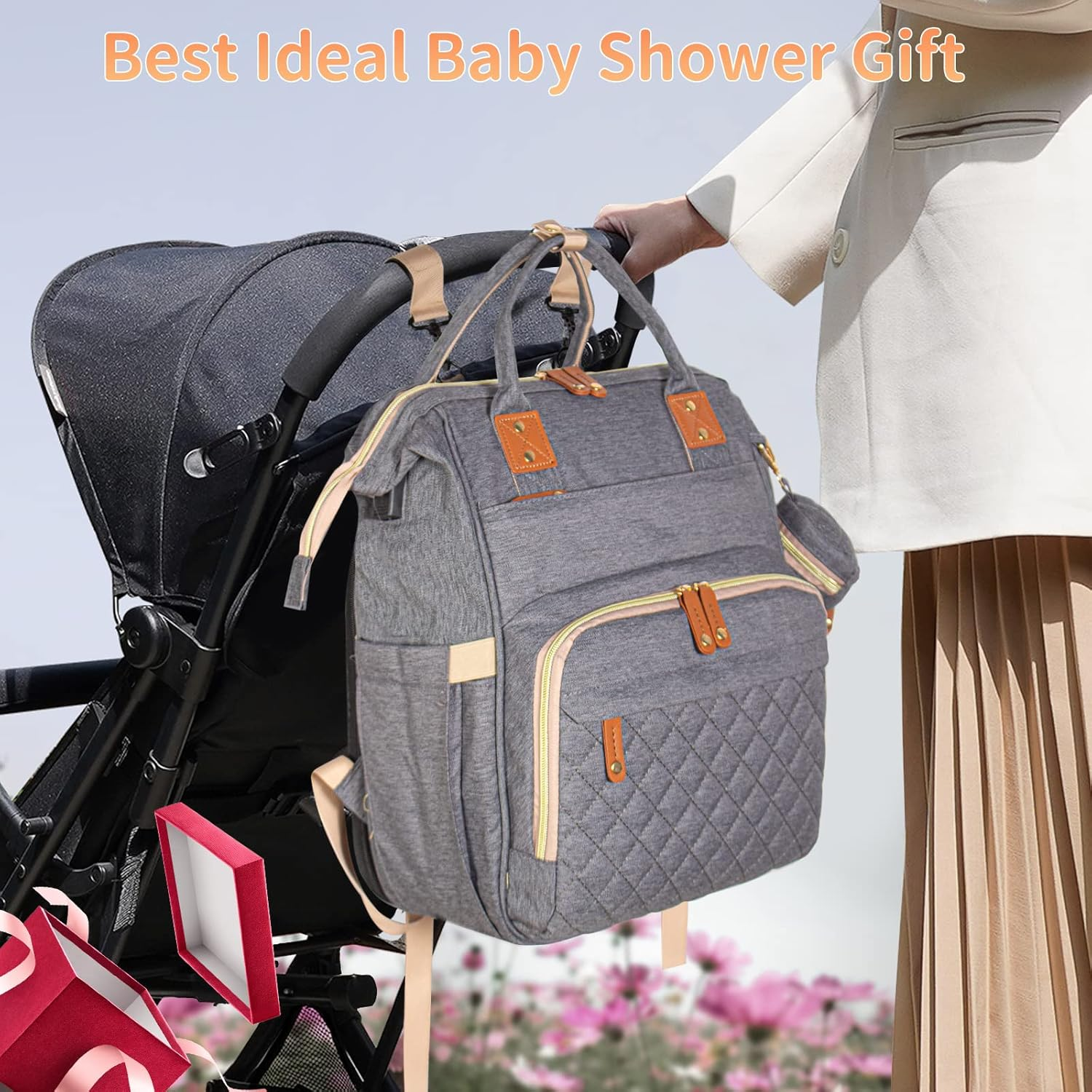 Leogreen 3 in 1 Diaper Bag Backpack with USB Charging Port, Pacifier Case, Stroller Straps, Thermal Pockets, Multi-Functional Large Waterproof Travel Baby Nappy Bags - Dark Grey image number 5