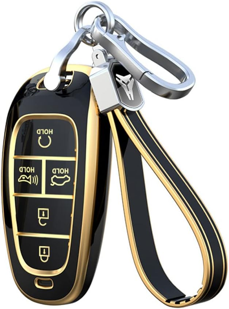 Ontto Car Key Fob Cover Fit for Hyundai Santa Fe Tucson 2022 Nexo NX4 Atos Solaris Prime 2021 Key Case TPU Remote Key Shell Holder Bag Keychain Keyring Protector Accessories 6 Buttons Black
