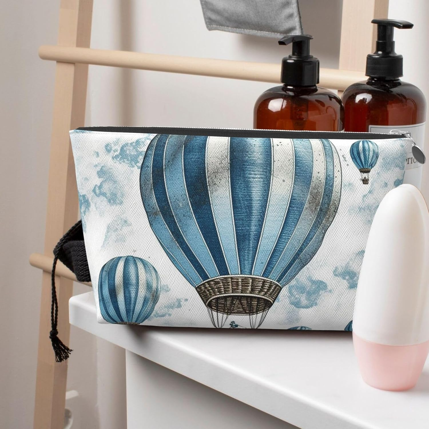 SDTYKHJ Large Capacity Makeup Bag for Women, Waterproof Portable Shaving Bag, Small Toiletry Bag, Blue Air Balloon, Leather Cosmetic Organizer Bags for Travel, Siliver, One Size image number 5