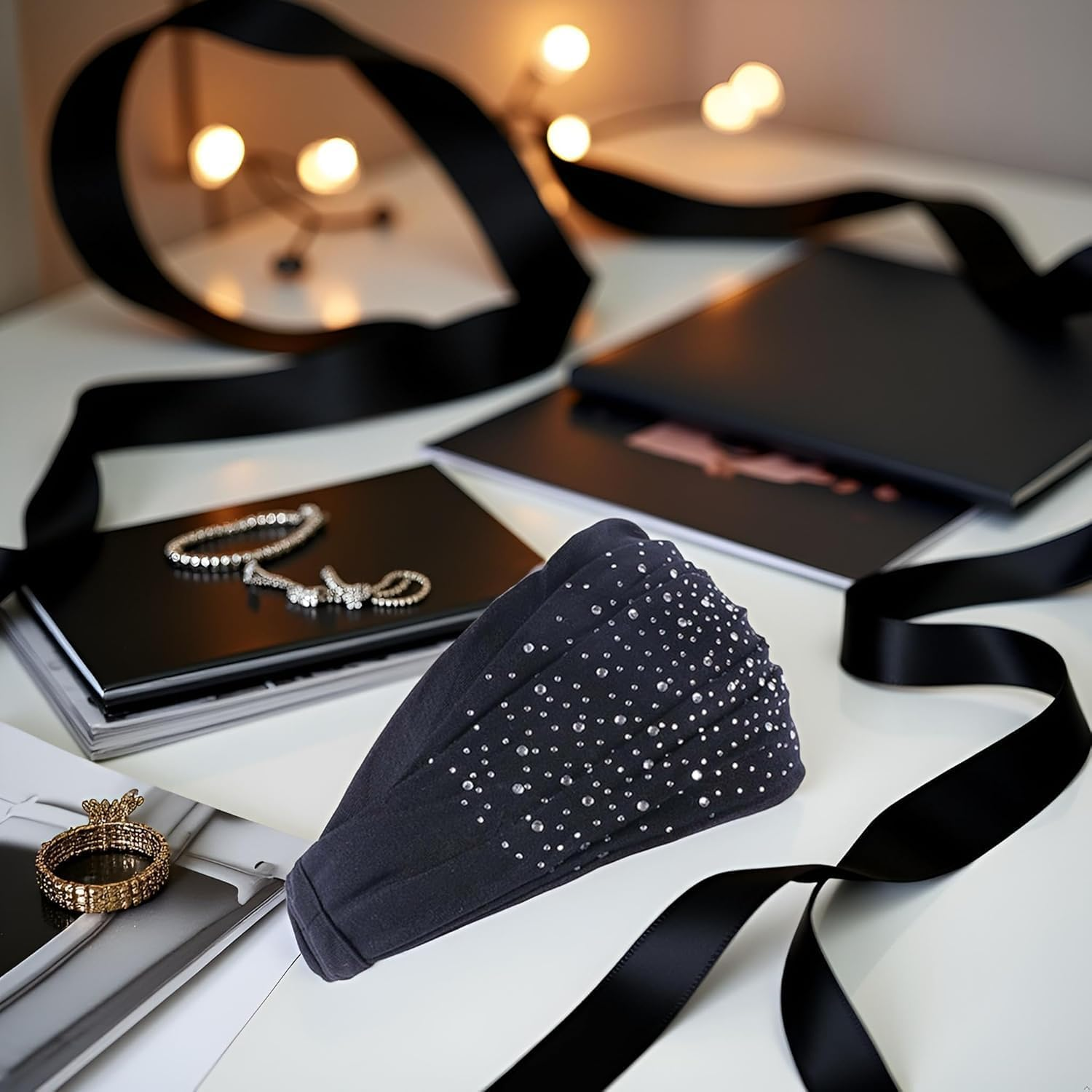 Makeup Headband Super Soft Yoga Rhinestone Solid Color Elastic Glitter Hair Accessories for Women Girls Black image number 5