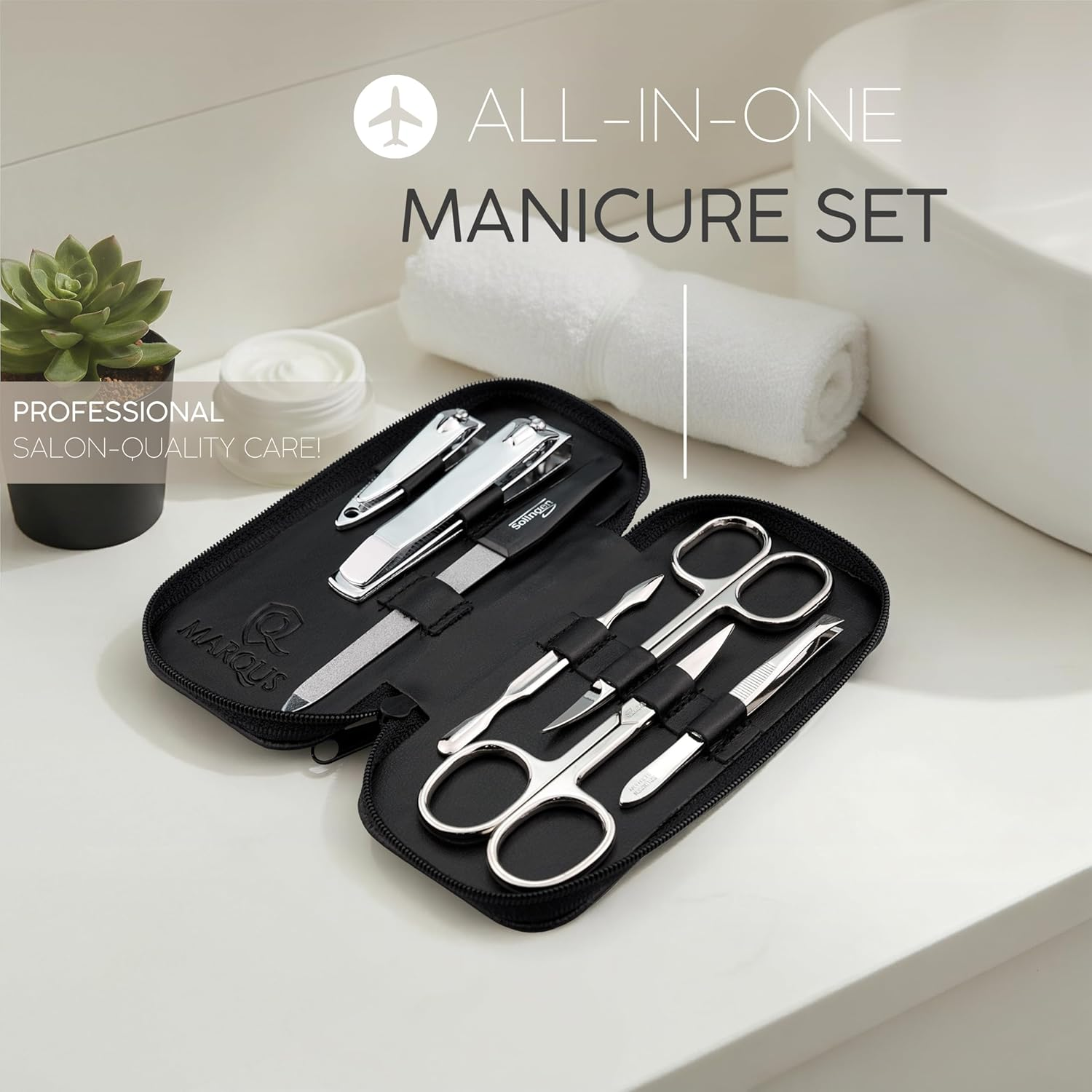 Manicure Set Solingen Made in Germany - 7 Piece Exclusive Finger & Toe Nail Clippers Kit for Women and Men in Real Leather Case, Color Black - Nappa Black image number 2