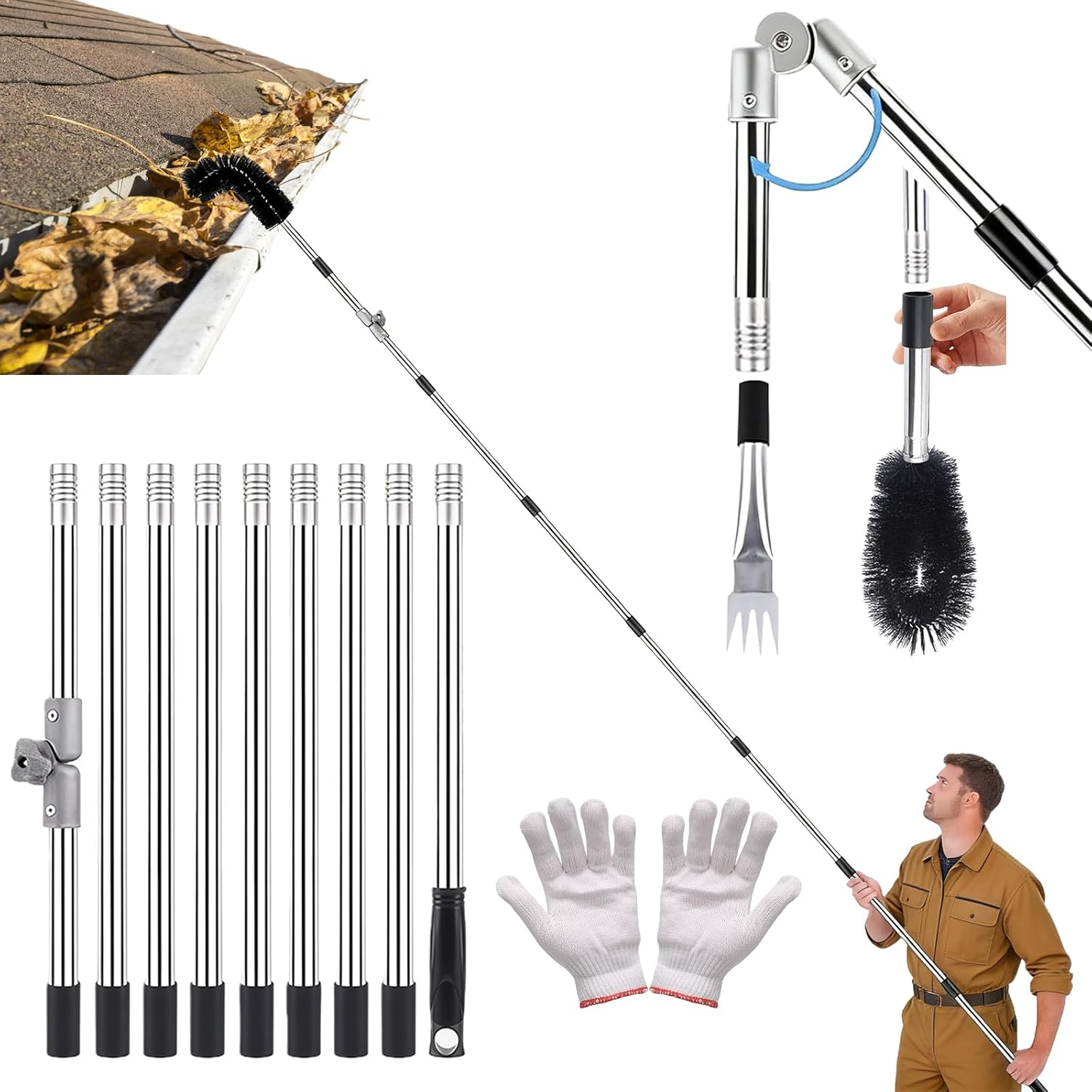 Gutter Cleaning Tools, 4M Telescopic Roof Gutter Cleaning Tools Kit with Gutter Brush & Gutter Rake, Length and Curvature Adjustable Gutter Cleaning Pole, Portable Roof Cleaning Tool for Cleaning
