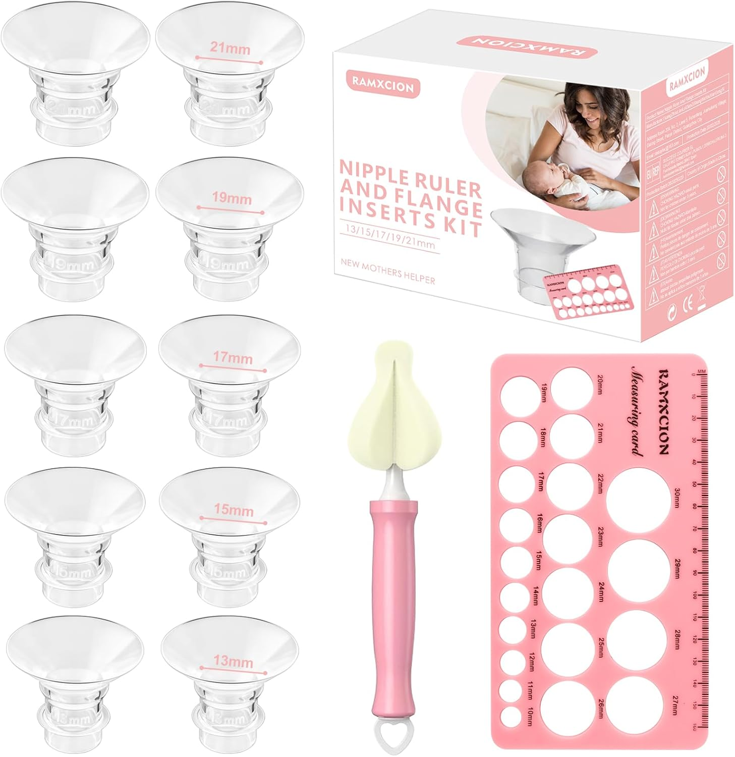 13PCS Flange Sizing Kit 13/15/17/19/21Mm with Nipple Measurement Card & Cleaning Brush, Silicone Flange Inserts for 24Mm Breast Pump Shields/Pumps Accessories image number 4