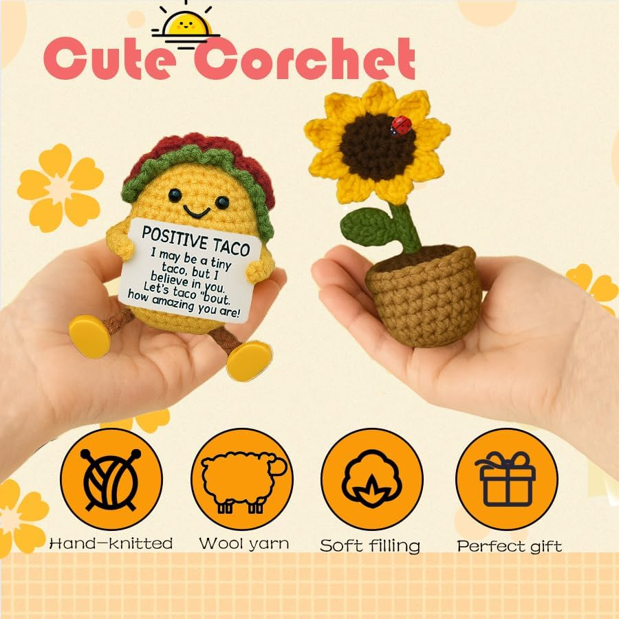Positive Crochet Taco Handmade Cute Gifts, 2PCS Emotional Support Crochet Home Decorative Accessories, Funny Gifts for Women, Best Friend. (Taco Sunflower Set) image number 5