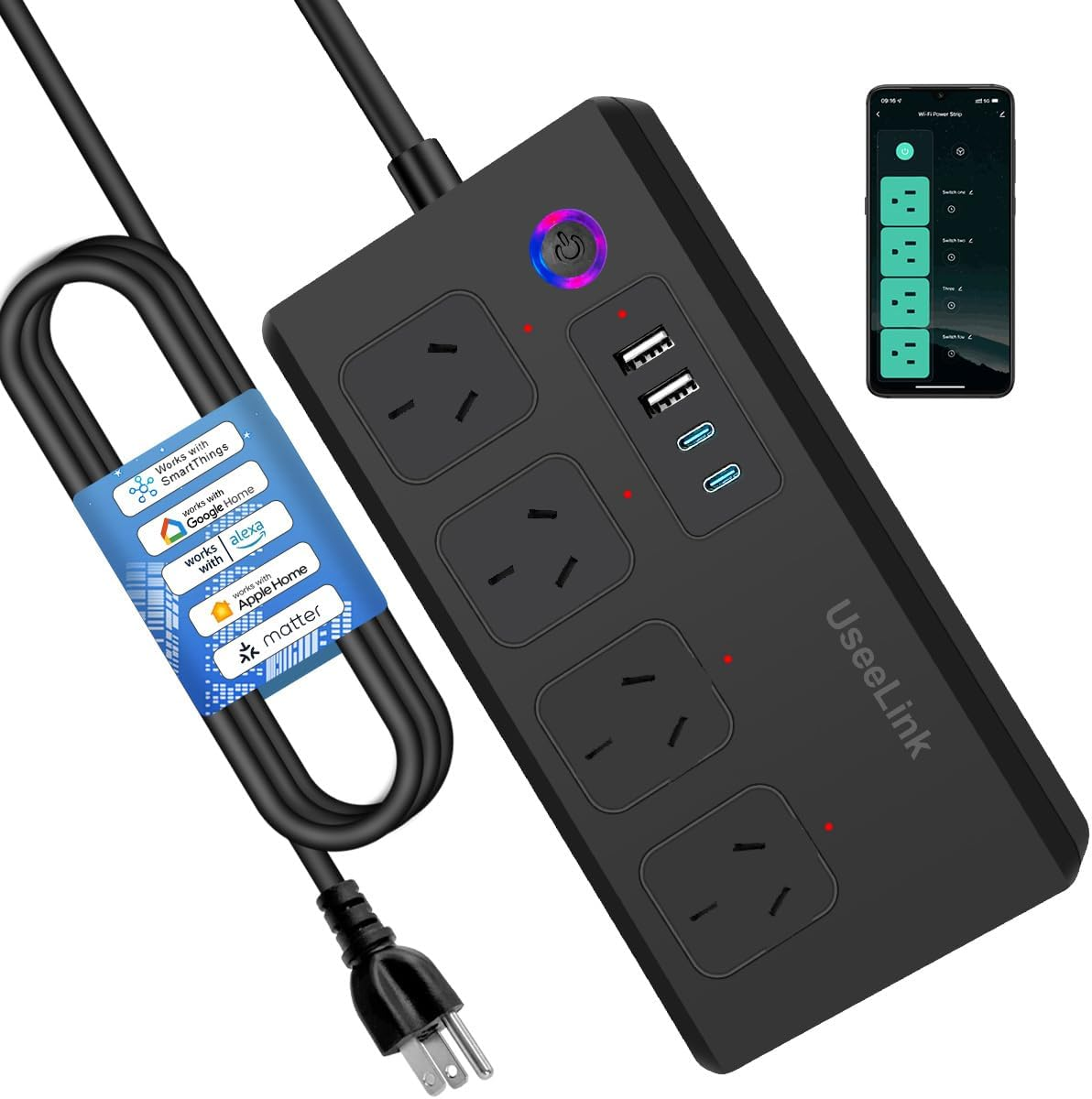 Useelink Wifi Smart Power Strip, Power Board with 4 Outlets and 2 USB Ports & 2 Type C, Timer Schedule,Voice & APP Remote Control, Compatible with Alexa & Google Assistant,1.5M Extension Lead, Black image number 3