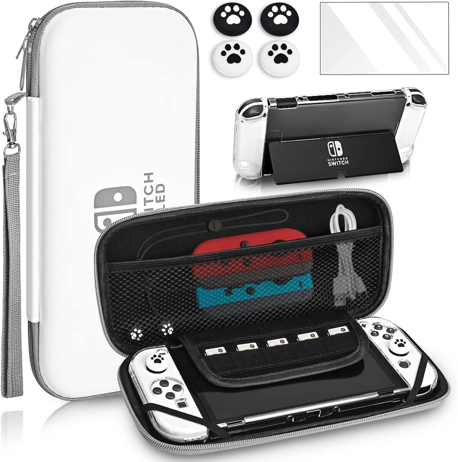 Carrying Case for Nintendo Switch & Switch Oled,Compact and Portable Storage Set with Tempered Film, Switch OLED Crystal Case, Thumb Grip Accessories image number 4
