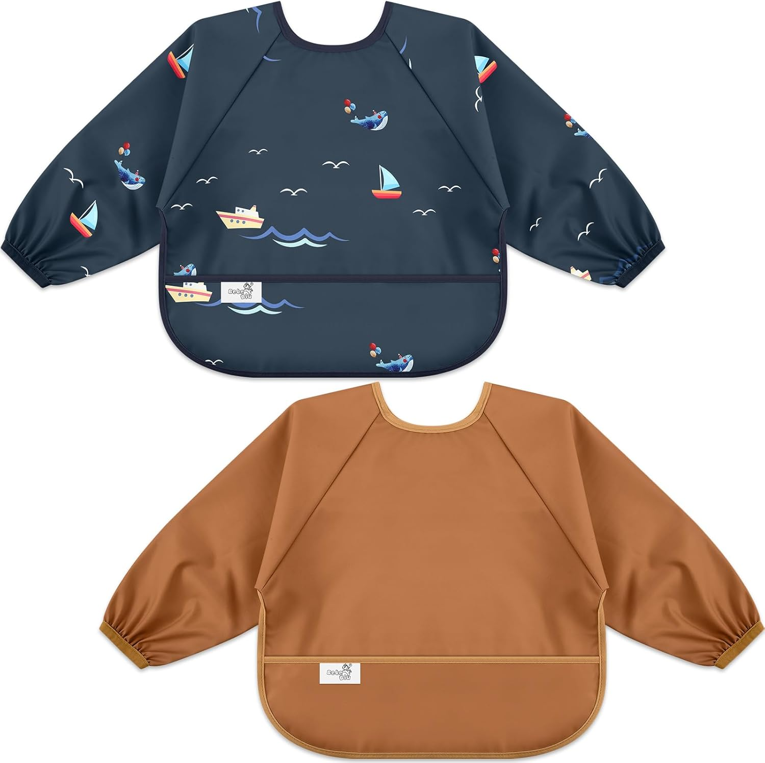 Bebebiu Long Sleeve Baby Bib, Waterproof Fabric, Full Coverage with Catch-All Pocket, 2Pk Baby Smock Bib, Adjustable Sleeves Toddler Bib for Ages 6-24 Months