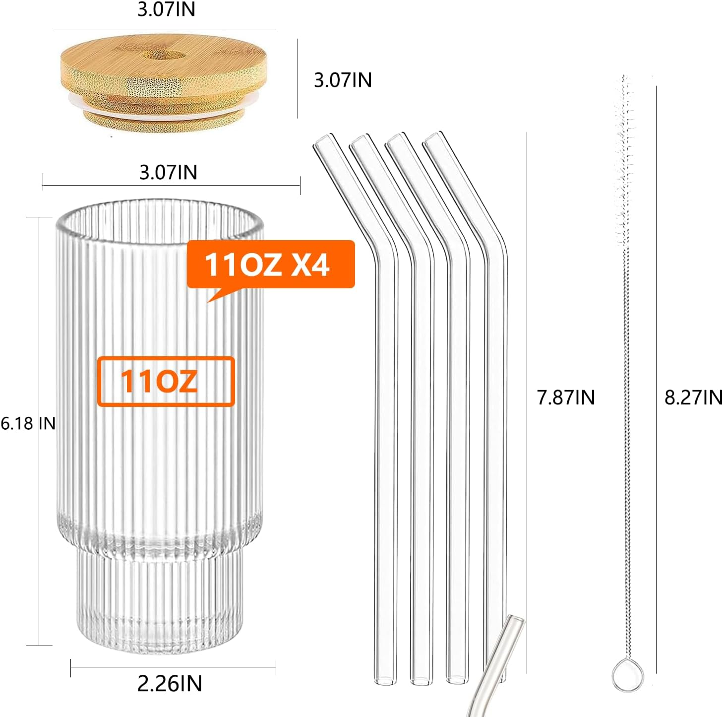Vintage Drinking Glasses Set of 4, Overnight Oats Containers with Bamboo Lidset and Reusable Straw, 11Oz Iced Coffee Cup Mugs Glassware with Bottle Brush for Iced Americano Cereal Yogurt Milk Beverage image number 3