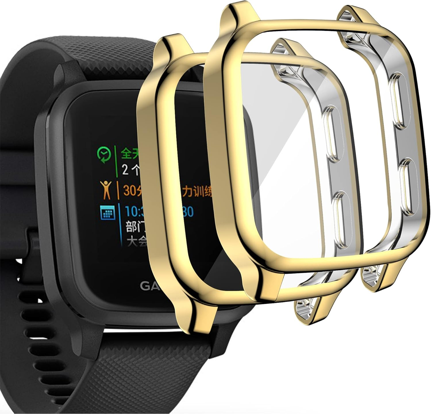 Acadeny [Pack of 2] Case Compatible with Garmin Venu Sq 2/Sq 2 Music/Venu Sq/Sq Music, Gold High Transparency All-Round Protective Case with Screen Protector, Anti-Stain, Scratch-Resistant, TPU