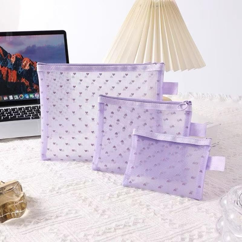 Clear Heart Pattern Makeup Bag Set, Travel Toiletry Storage Pouches with Zipper, Transparent Mesh Cosmetic Organiser (Pink) image number 4