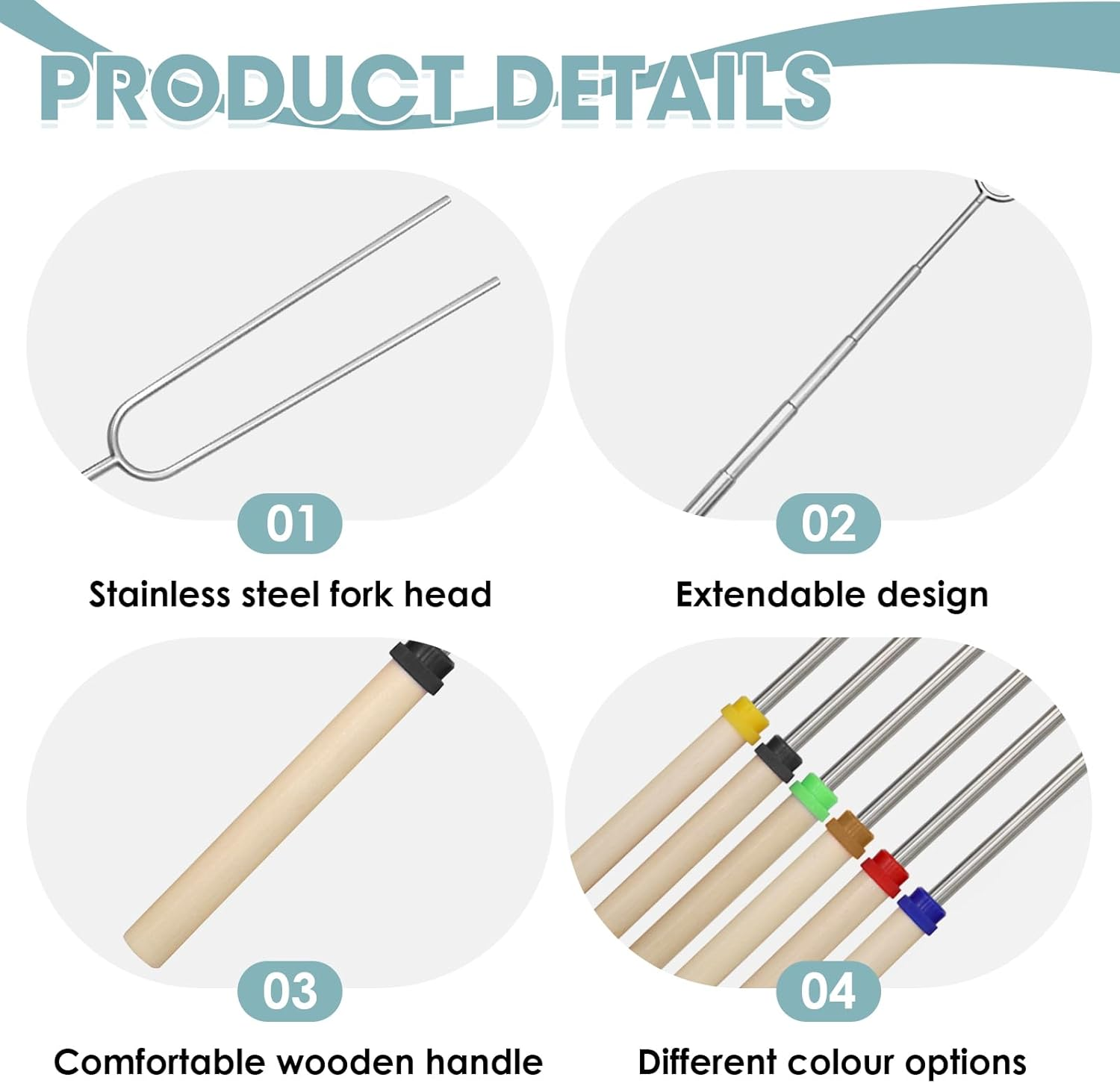 6 Pcs Marshmallow Scktis, 32Inch Long Metal Skewers & Smores Kit, BBQ Roasting Tools, Telescoping Forks, Campfire & Hot Dog for Camping, Garden Party, Barbecue image number 6