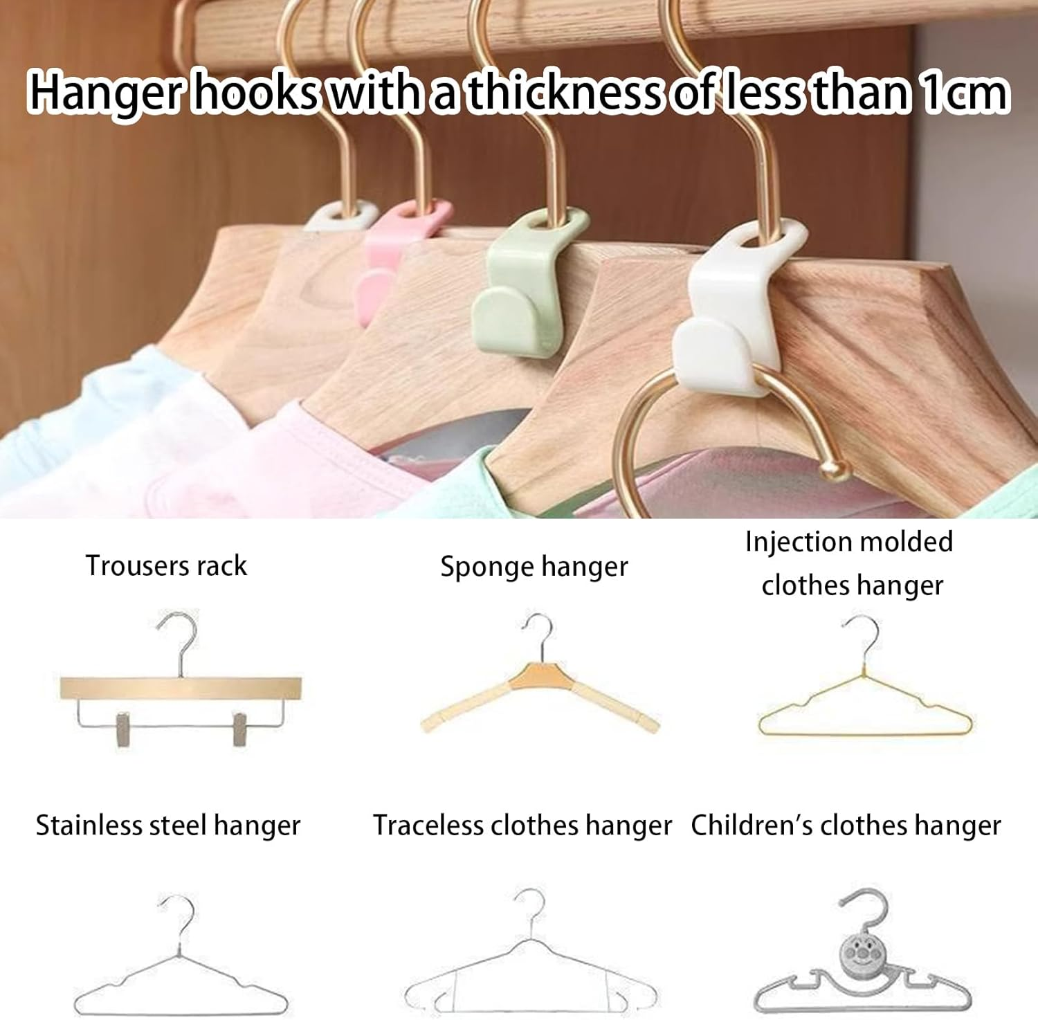 100 Pack Space Saving Hangers - Multi-Functional Stackable Coat Hanger Connectors | Thick Plastic Hooks for Wardrobe Organiser (Green, Kids/Baby Closet Friendly) image number 3