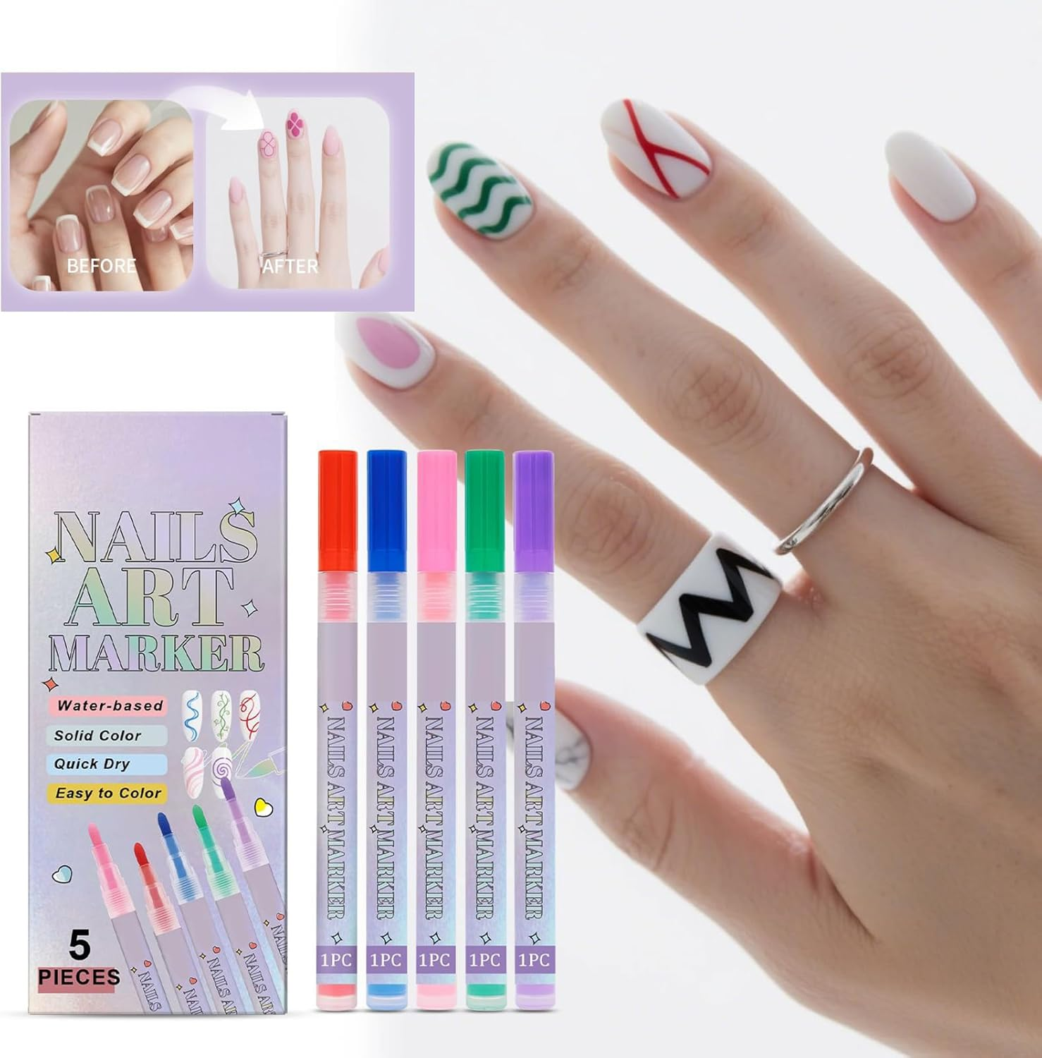 Moreeulsi Nail Polish Pens | Waterproof Nail Doodle Pens,5 Colors Quick-Drying Manicure Decoration Graffiti Doodle Markers for Women Girls Professionals Beginners image number 4