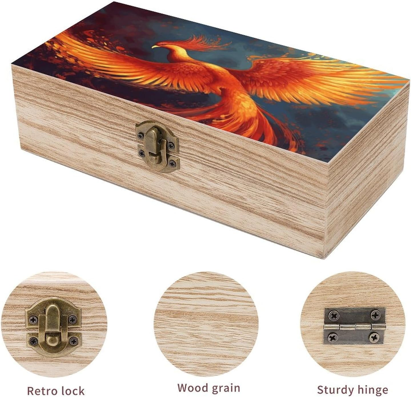 Orange Red Phoenix Wooden Box Wood Wedding Keepsake Boxes with Lids Small Decorative Boxes Lightweight Wooden Memory Storage Box for Crafts Keepsakes Jewelry Photo Letter Storage image number 4