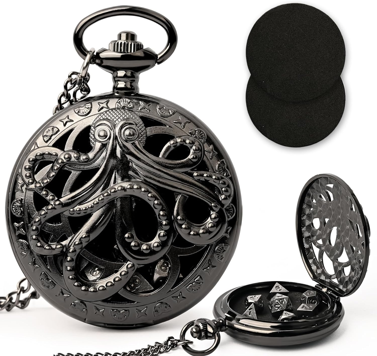 Mini DND Dice Set with Pocket Watch Shell, 7PCS Polyhedral Metal Dice Set Perfect for Dungeons and Dragons Gifts, MTG, Role Playing Board Games Accessory (Zy01-Black)