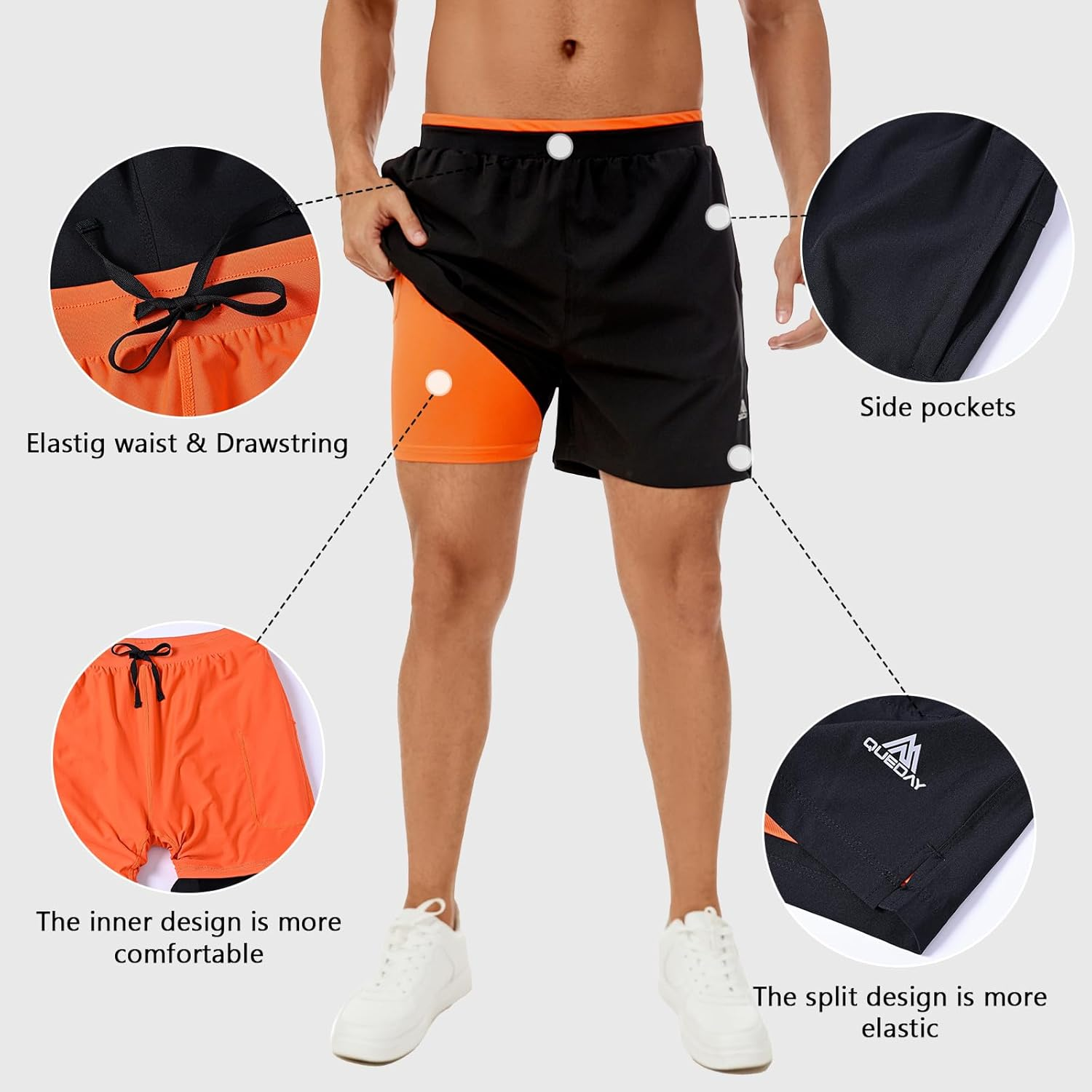 Queday Mens 2 in 1 Black Running Shorts with Liner 5 Inch Quick Dry Gym Athletic Workout Shorts with 2 Side Pockets Hidden Pocket Inner Pocket image number 5