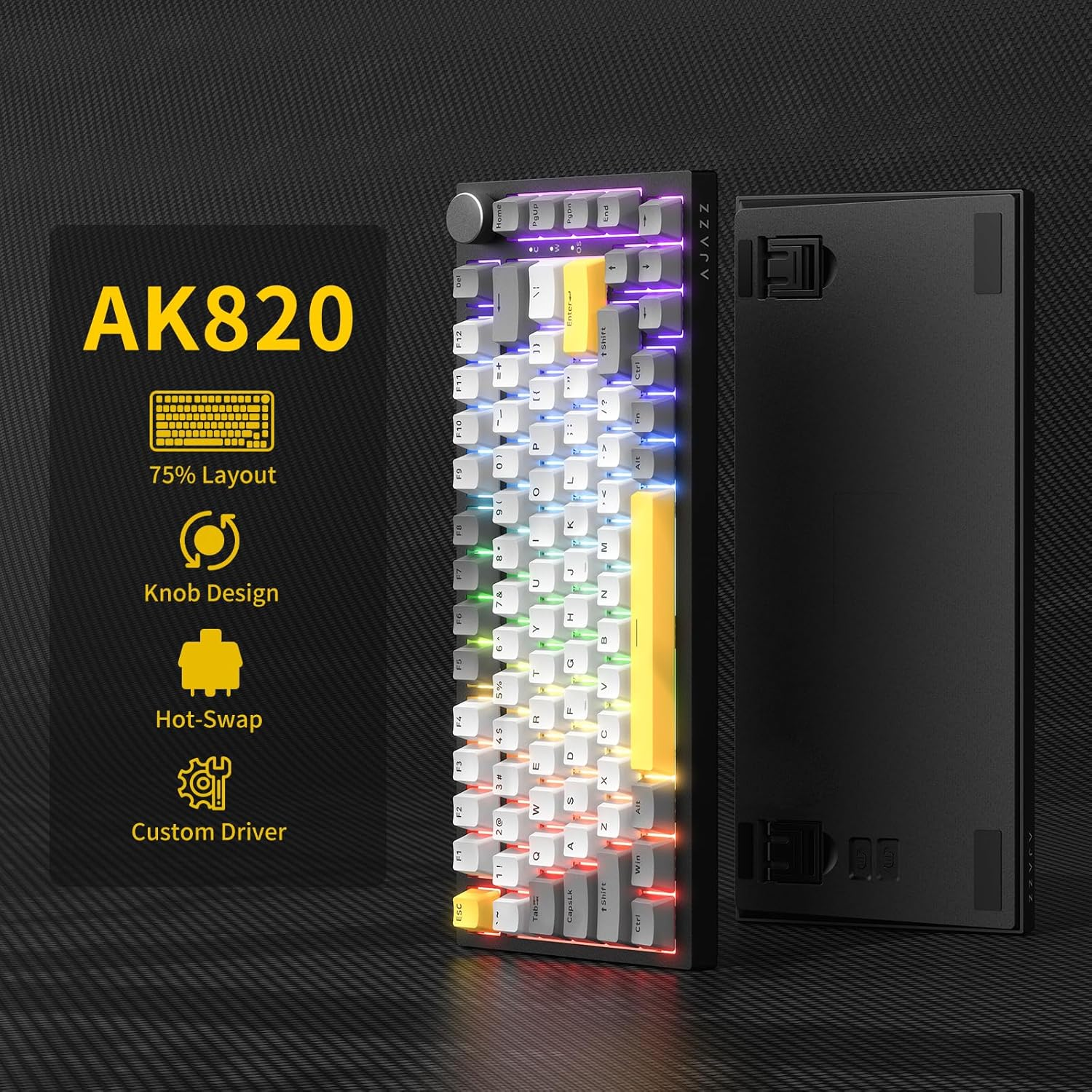 AJAZZ AK820 75% Wired RGB Gasket Mechanical Keyboard with Volume Knob, South Facing LED, 82 Keys, PBT Keycaps, Custom Programmable Hot-Swap Keyboard, Grey White Yellow image number 6