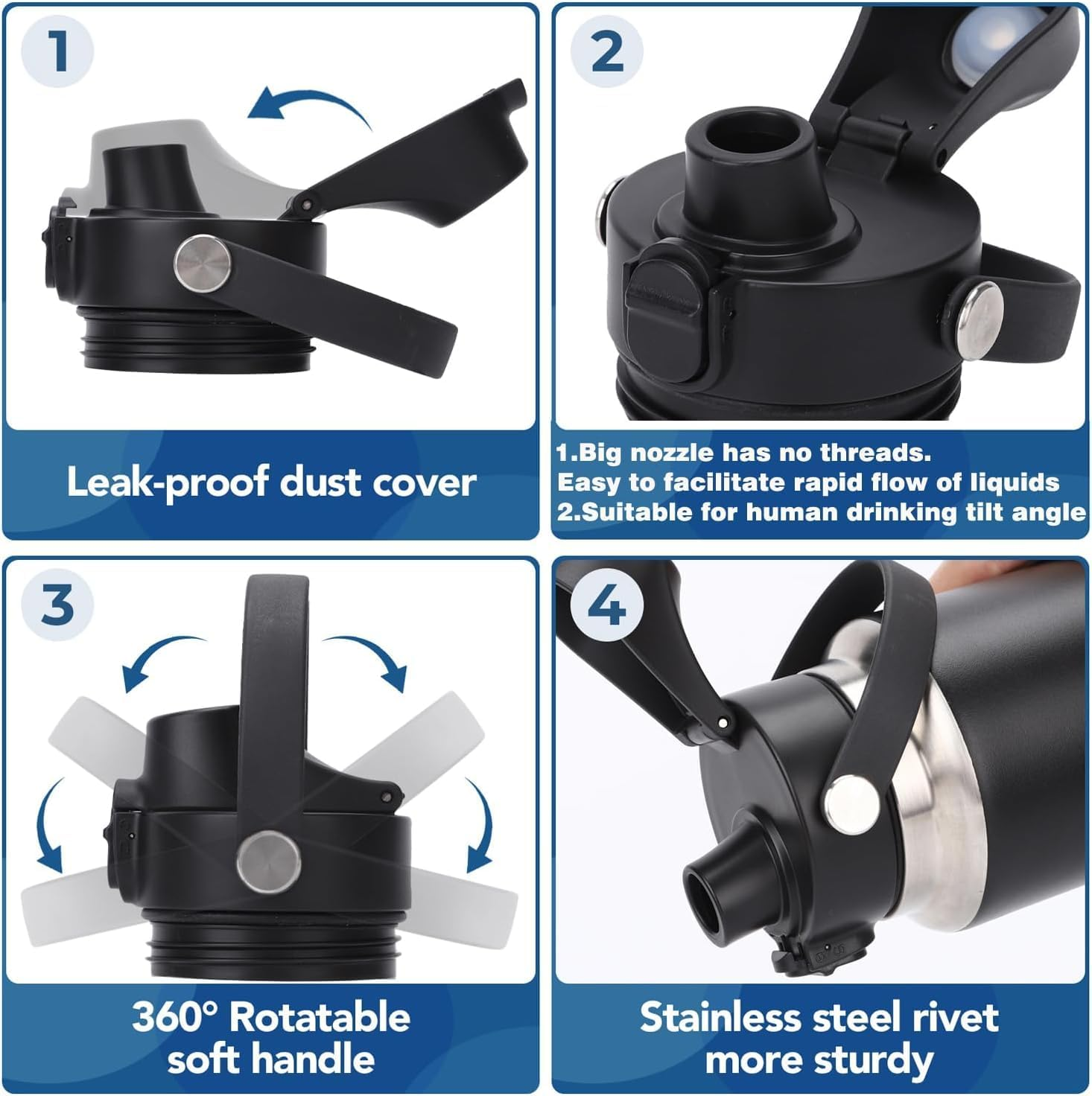 XACIOA Spout Lid Compatible with Yeti Rambler Bottle,Replacement Top Lid for Yeti Rambler 18 26 36 64 Oz,Lid with Straw and Chug Cap with Push Bottom,Water Bottle Flask Cover Accessories (Black-Black) image number 3