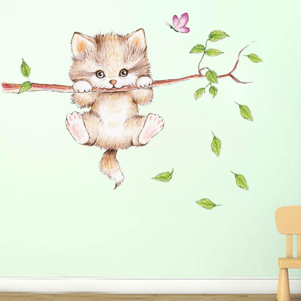 Cute Cat Branches Wall Decals - Removable Kitty Stickers Decor for Girls Bedroom, Kids Nursery, Bathroom Art