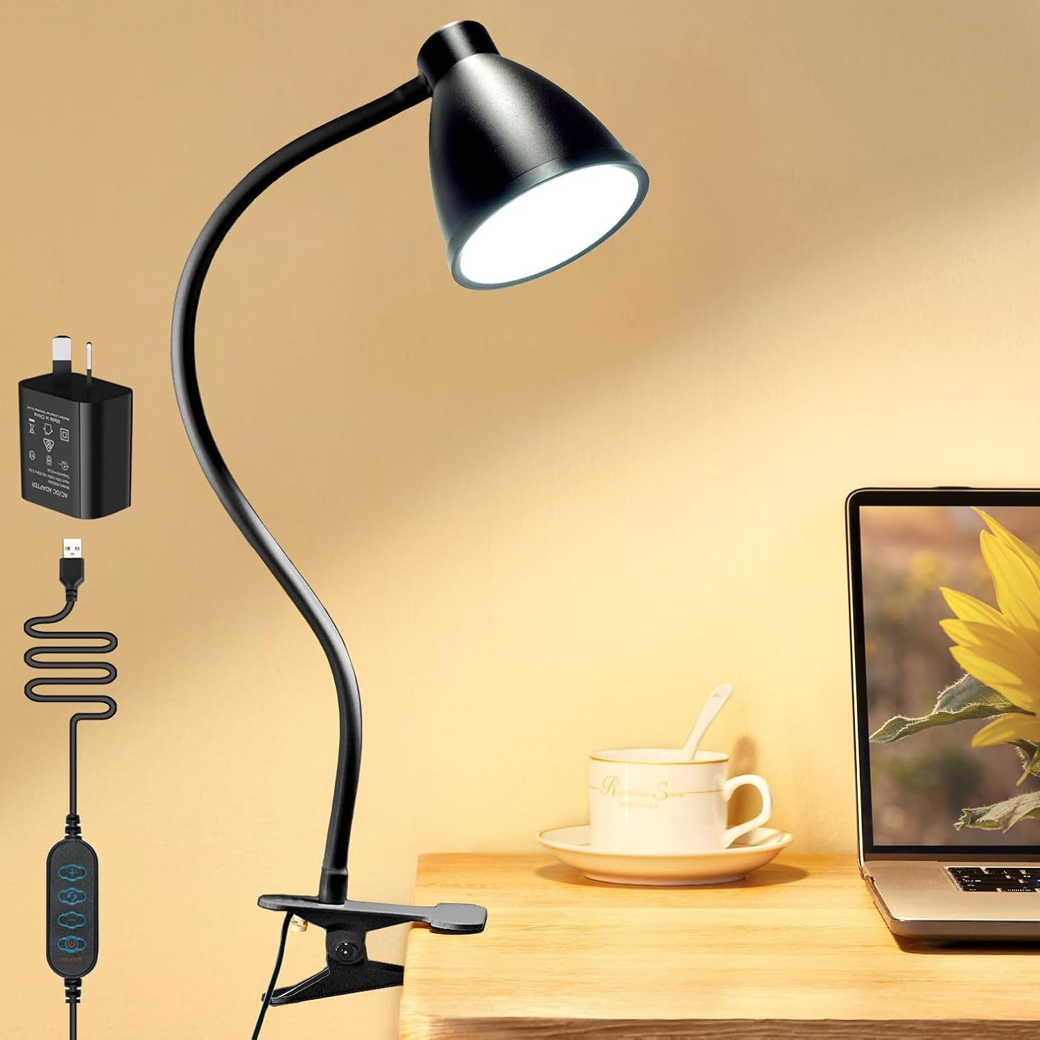 LTZEMOO Desk Lamp 3 Color Modes 10 Brightness Dimmer Reading Light 10W 38 LED Clamp Lamp with Auto off Timer 360&deg; Flexible Gooseneck Clip on Light for Bed Bedside, AC Adapter Include image number 2