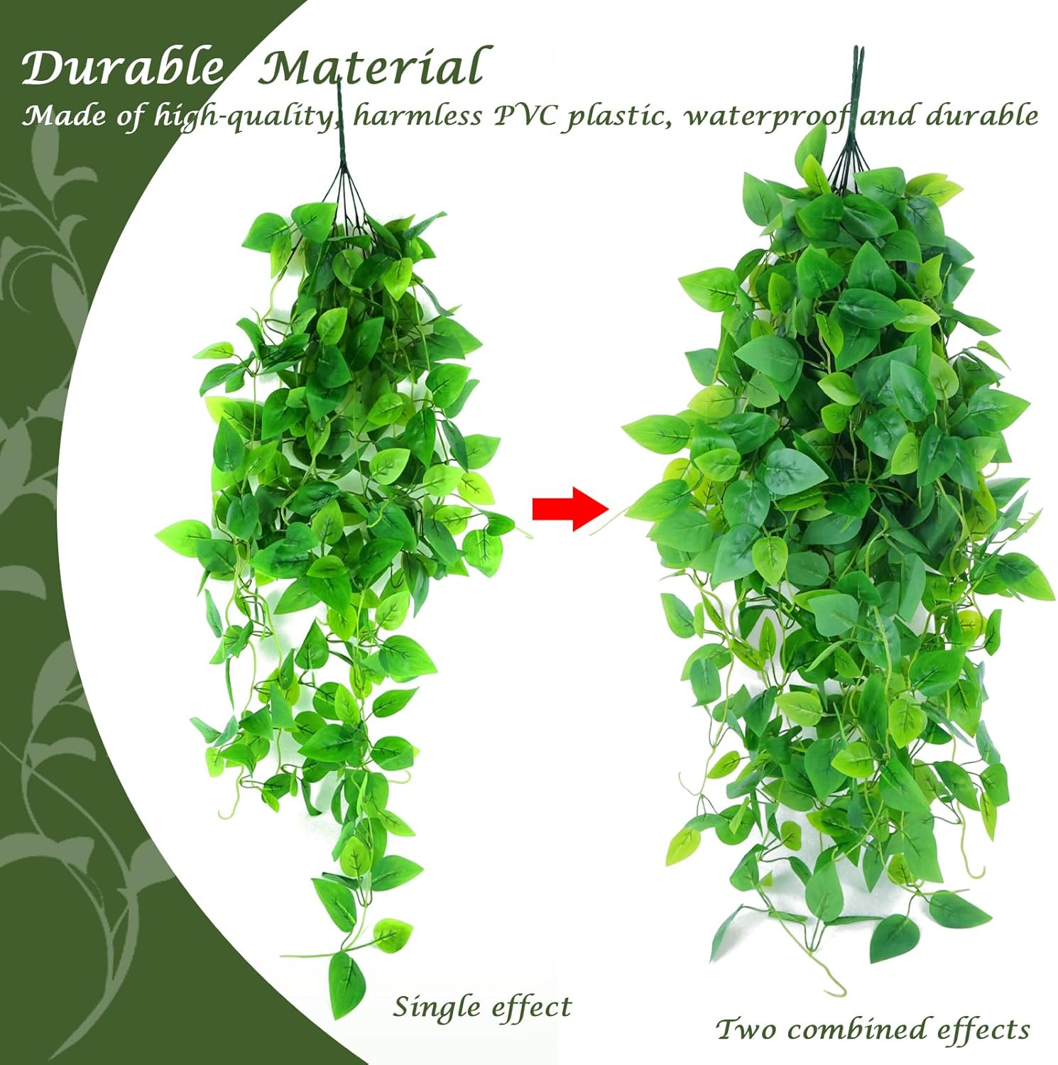 Lenamos Fake Hanging Plants, 2Pcs Artificial Hanging Plant, Faux Pothos Vines Hanging Plant Greenery for Wall Home Living Room Indoor Outdoor Decor (No Baskets) image number 2