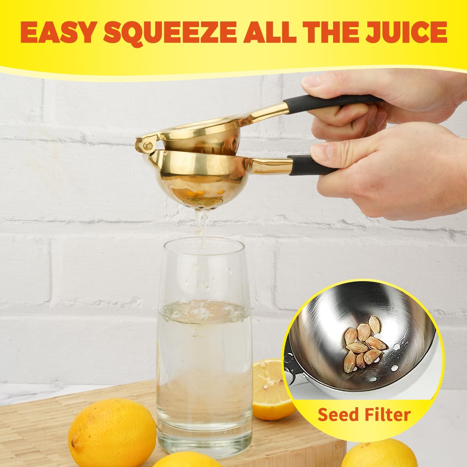 Lemon Squeezer, Large Heavy Duty Handhelp Juicer for Lemon, Stainless Steel Hand Press Citrus Juicer, Lime Squeezer Bar Tool, Manual Citrus Press (Gold & Black) - Gold image number 7