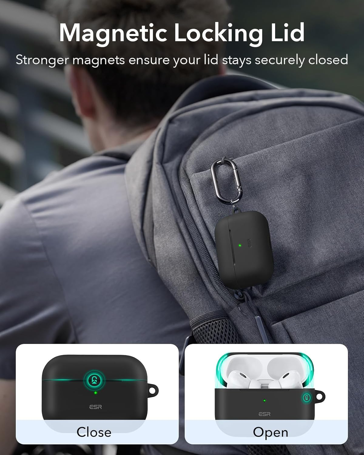 ESR for Airpods Pro 2 Case (Usb-C/Lightning Cable), Compatible with Airpods Pro Case (2023/2022/2019), Magnetic Lid, Full Drop Protection Cover with Carabiner, Cloud Series, Black image number 6